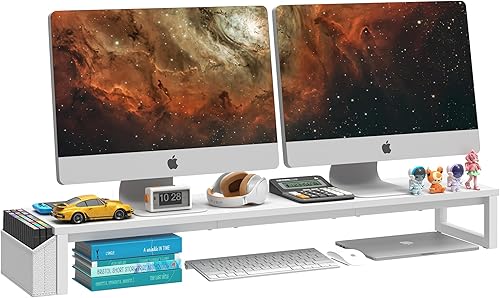 LANDVOI Soporte para monitor doble, soporte de monitor de 41.5 pulgadas de largo para 2 monitores, soporte de monitor de computadora de madera y