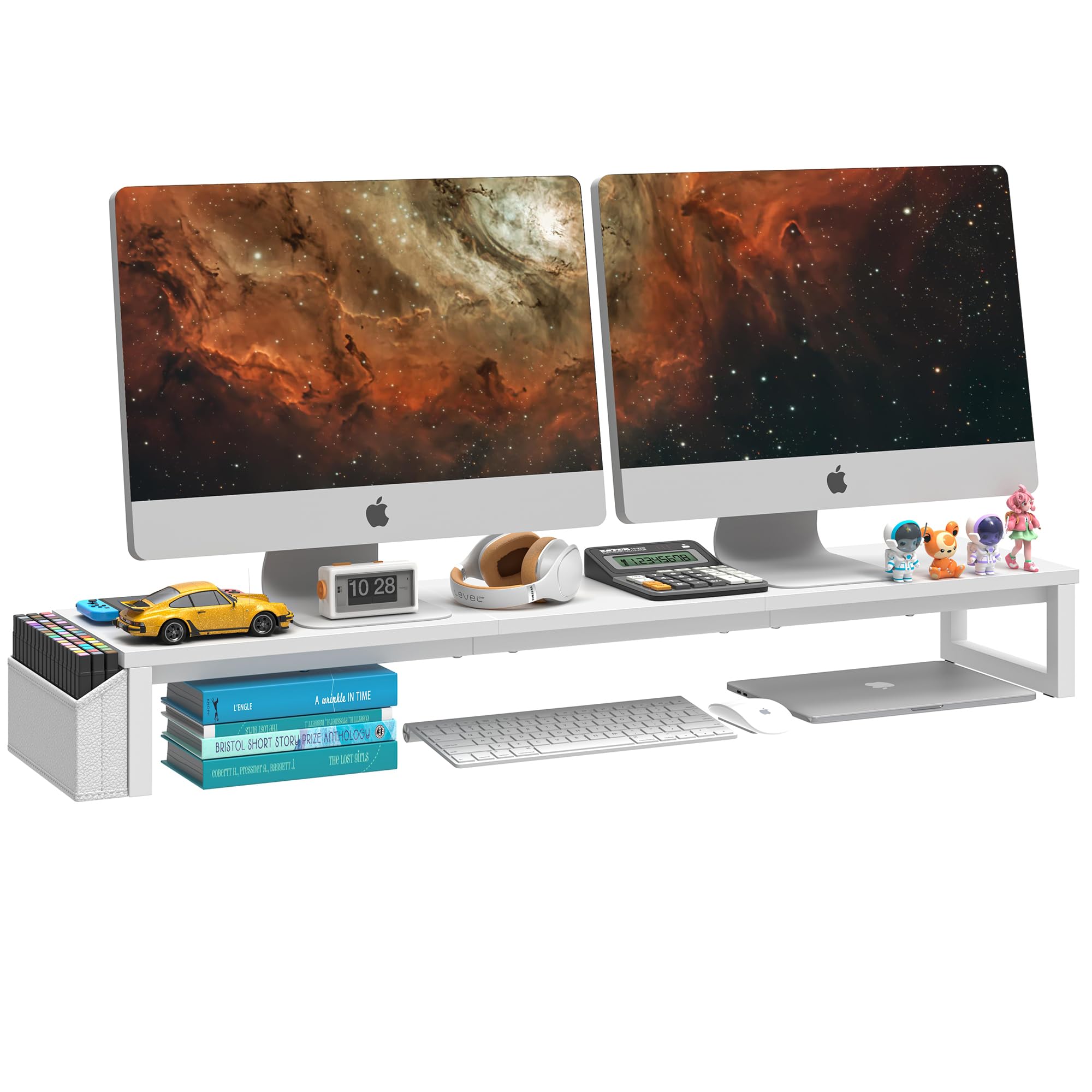 LAND·VOI Dual Monitor Stand Riser,41.5'' Long Monitor Stand for 2 Monitors, Wood and Steel Computer Monitor Stand, Desktop Oraganizer with Pen Holder, Monitor Riser for Desk Computer,Laptop,TV, White
