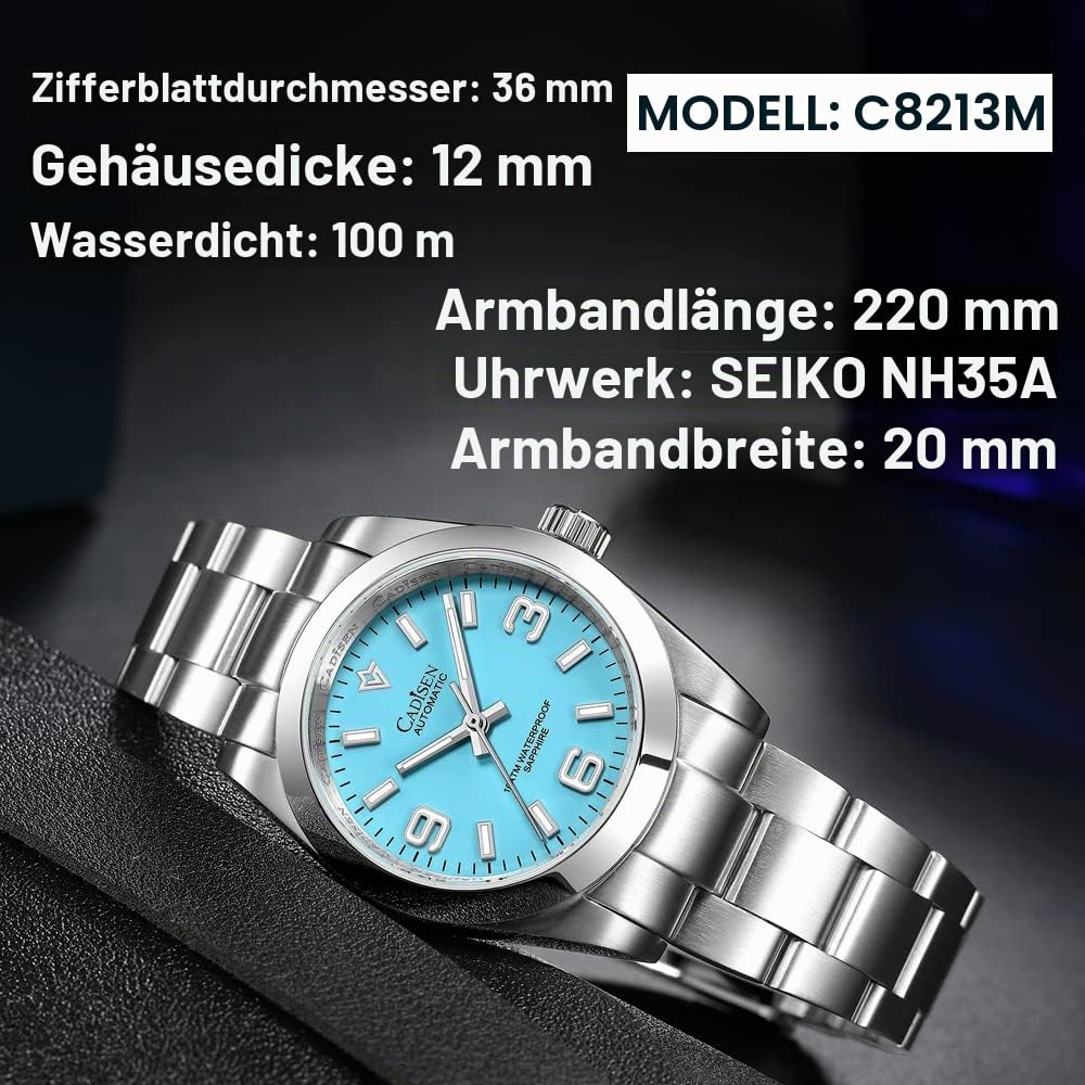 FINNIAN CADISEN Automatik Uhr Herren Mechanische Automatikuhr 36MM Wasserdicht Klassisch minimalistisches kleines Zifferblatt