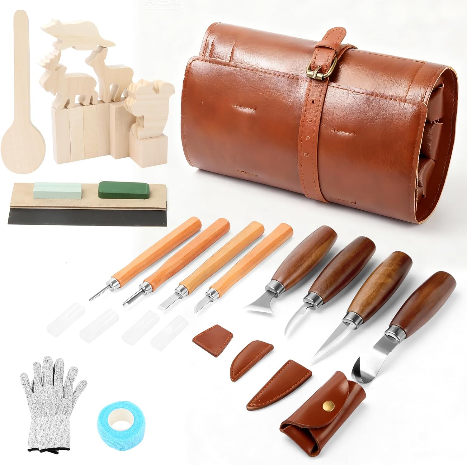 Wood Carving Kit,26pcs Wood Carving Tools with 4 Wood Carving Knives,4 Detail Knives,10 Basswood Blocks,Ergonomic Handle Design,Thick Leather Storage Bag,Whittling Kit for Beginners Adults Kids Hobby