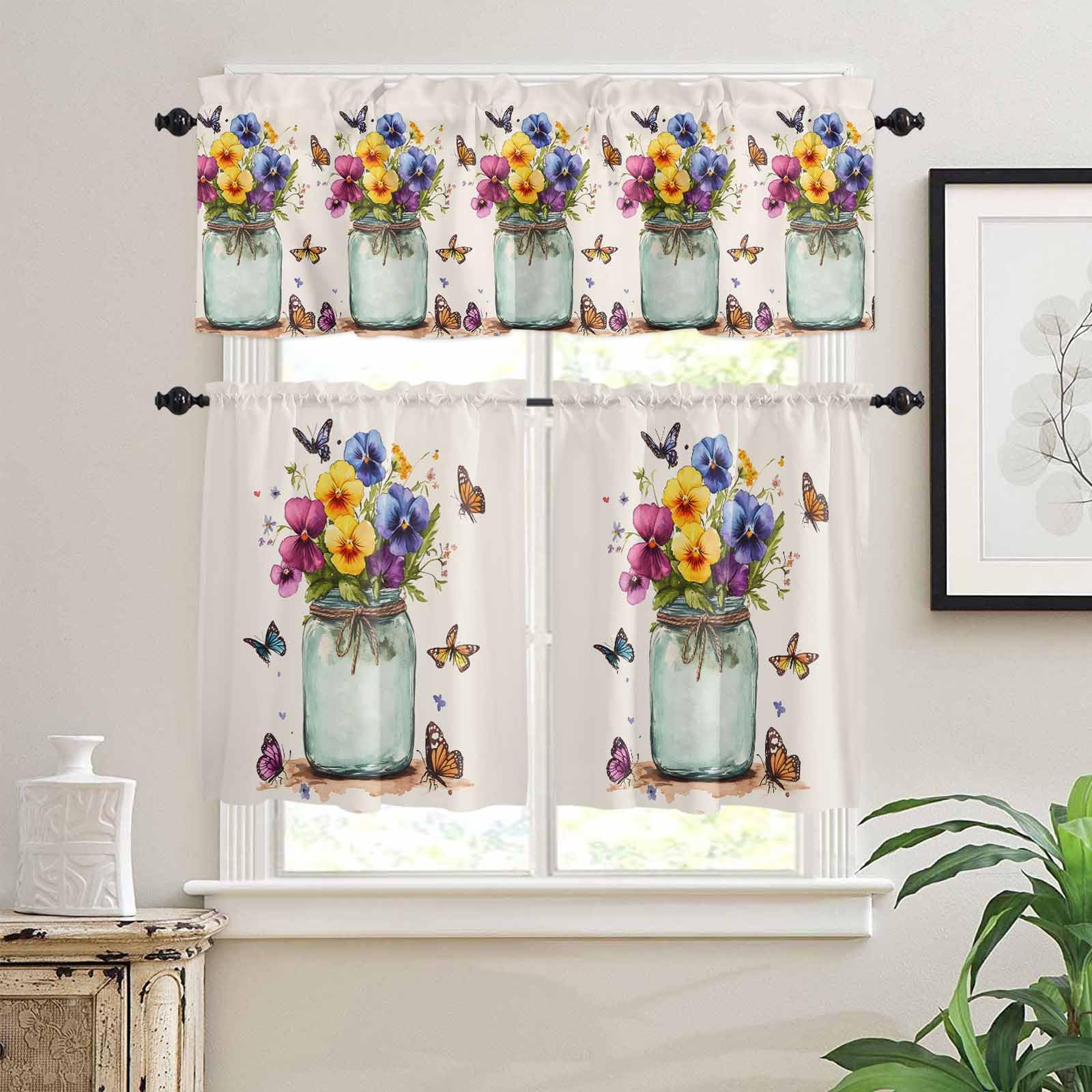 Butterfly Flower Kitchen Curtains 36 Inch Length,3 Piece Rod Pocket Small Half Tiers and Valance Set,Retro Purple Blue Yellow Bottle Floral Small Large Window Treatment Decor for Bedroom/Bathroom