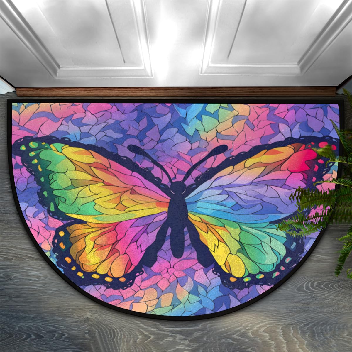 Mexpekil Semi Circle Door Mat 24x36 in Rainbow Colored Butterfly Absorbent Half Round Doormats Non Slip Washable Inside Floor Mats Rug for Home Kitchen