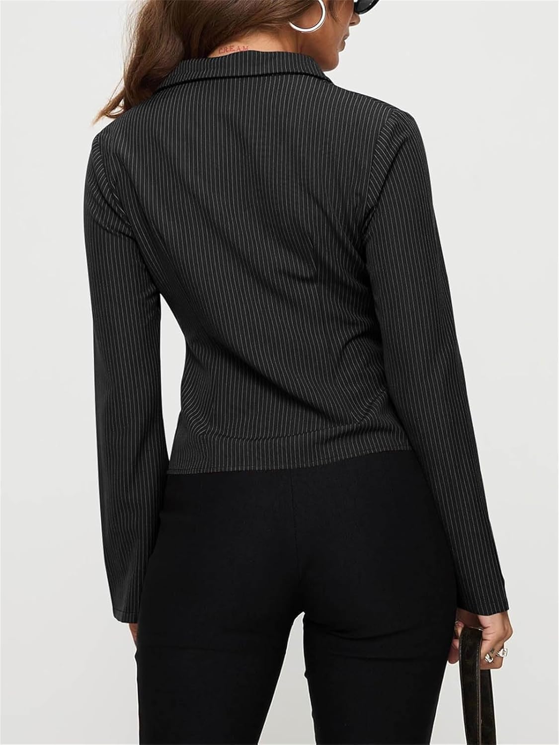 Womens Striped Button Down Shirt Y2k Long Sleeve Trendy Casual Work Collar Top Blouse Slim Fit Pinstripe Shirt - Image 3