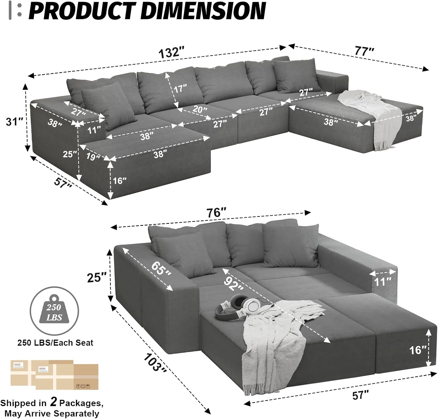 132'' Oversized Cloud Couch, Upholstered Modular Sectional Sofa with 6 Pillows, Deep Seat Chenille Couches for Living Room, Free Combination, No Assembly Required (Gray)