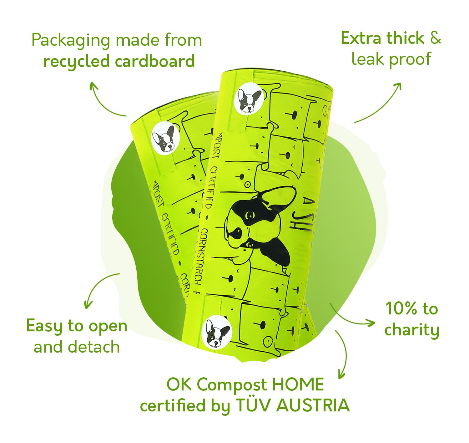 Bolsas compostables para excrementos de perro 100% certificadas para el hogar con asas – 10% a la caridad – Bolsas grandes para excrementos de perro compatibles con ASTM D6400 y EN 13432 – 240 bolsas