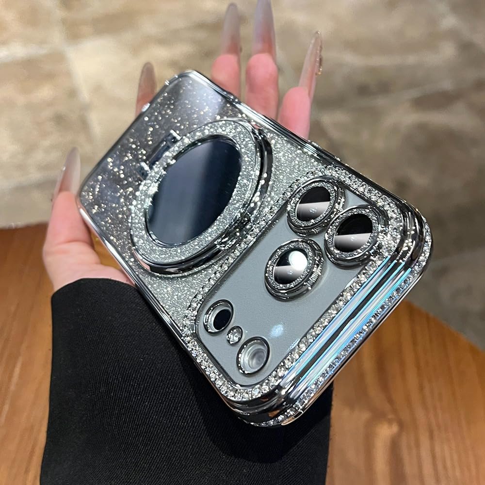 Mirror Kickstand Glitter Diamond Case for iPhone 17/ Pro Max /Air, Magnetic Stand Holder, Camera Lens Protector Compatible with Magsafe, Rhinesetone Bing Cover Case (for iphone 17 Pro Max,Silver)