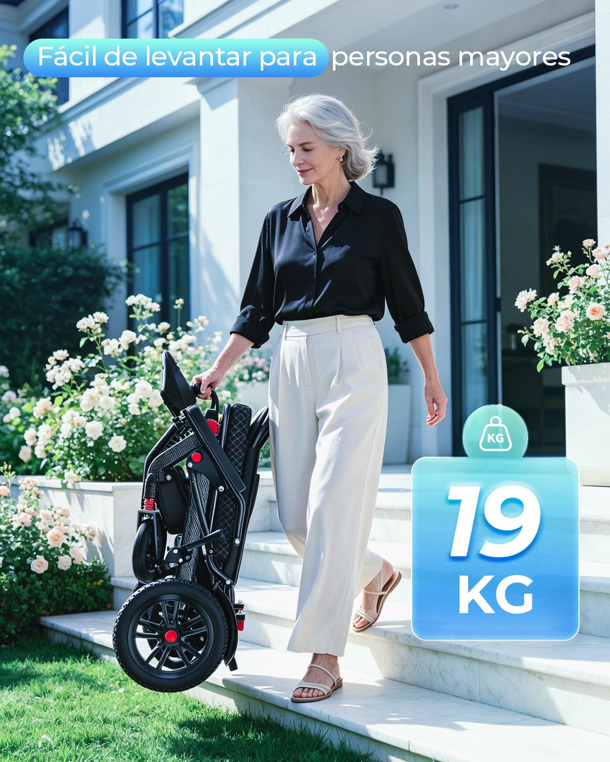 Silla de ruedas eléctrica plegable ligera para personas mayores y adultos, bastidor aluminio 19kg, batería litio 20Ah extraíble, doble motor 500W, carga 150kg