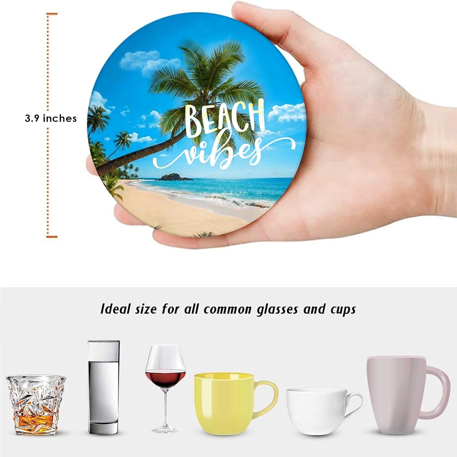Britimes Coaster for Drinks Set of 6, Tropical Beach Landscape Caribbean Absorbent Round Ceramic Stone Mat, with Cork Base and Metal Holder, Gift for Housewarming Room Bar Decor - Image 3