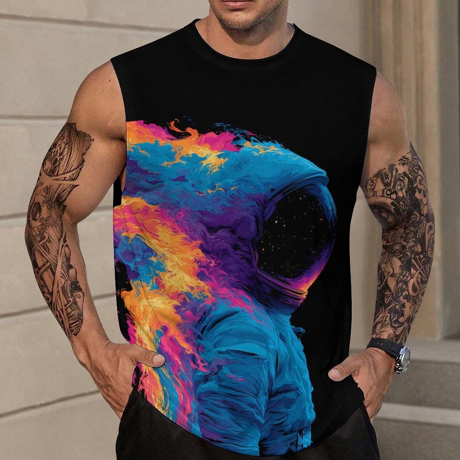 Cosmic Flame Nebula Astronaut Men Summer Sleeveless Crew Neck Top 5XL