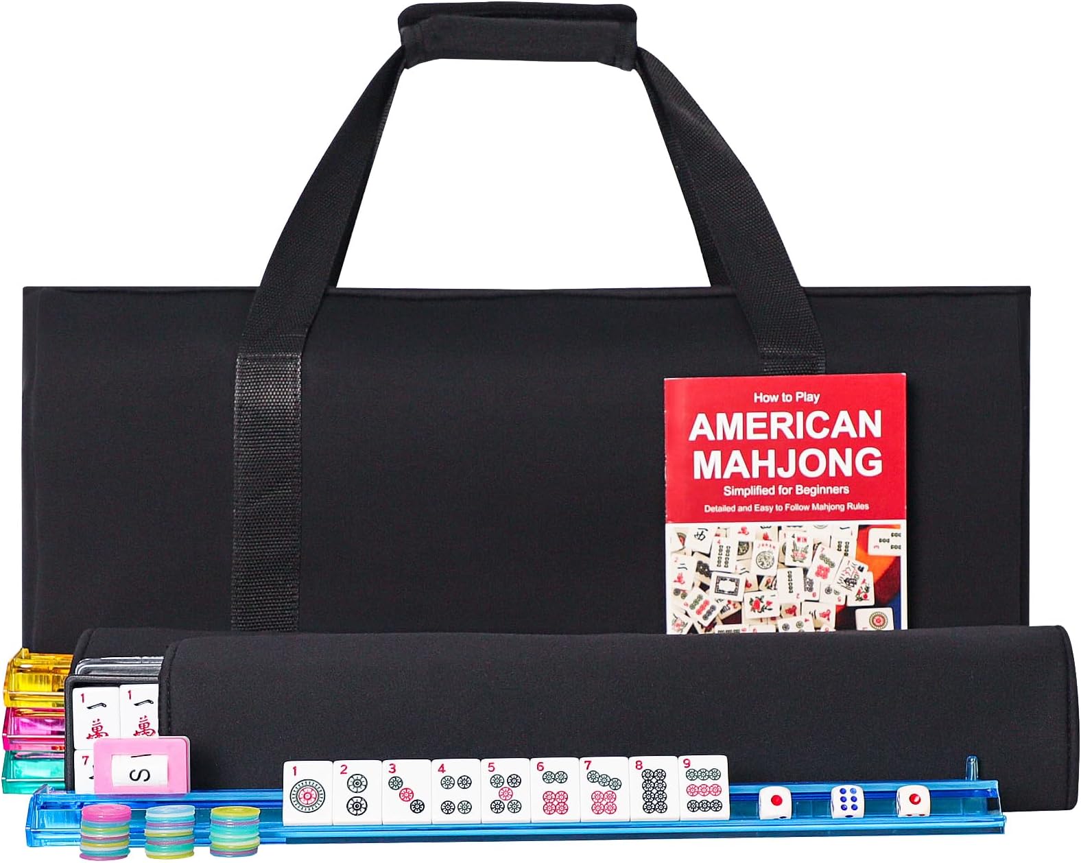 American Mahjong Game Set, 166 Premium White Tiles, 4 All-in-One Color Rack/Pushers, Classic Complete Mahjong Tile Set with Black Carrying Bag