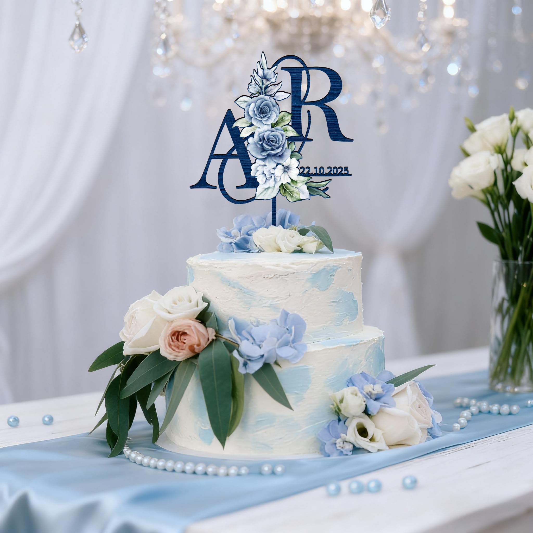 Personalized Winter Wedding Cake Topper in Wood Custom Bride and Groom Initial Cake Topper Wedding Date Cake Decoration (Blue Flowers)