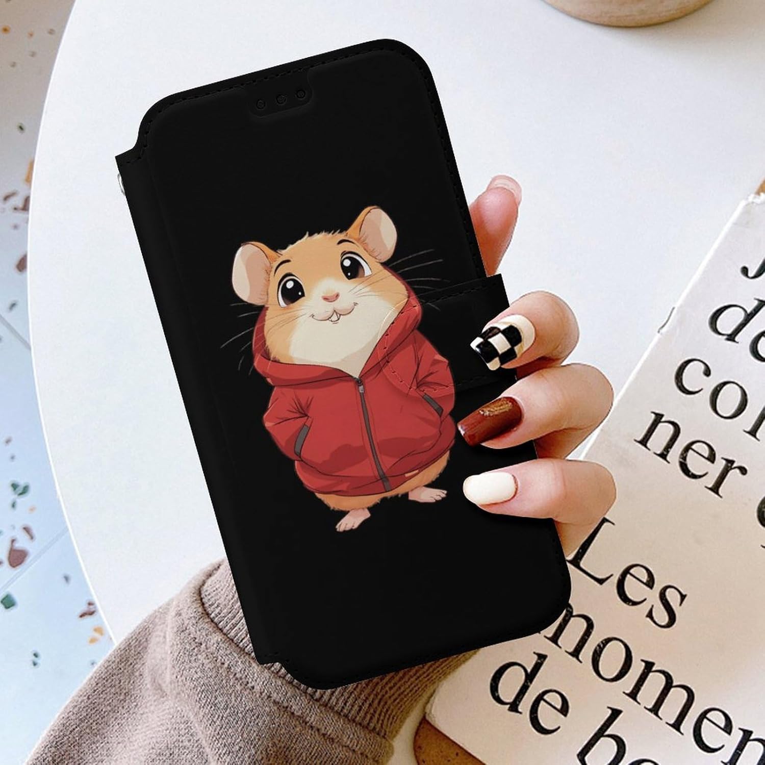 Hamster Wearing A Red Jacket Compatible with iPhone 16/16 Plus/16 Pro/16 Pro Max/16 E Case Phone Wallet Card Holder Flip Cover with Wrist Strap
