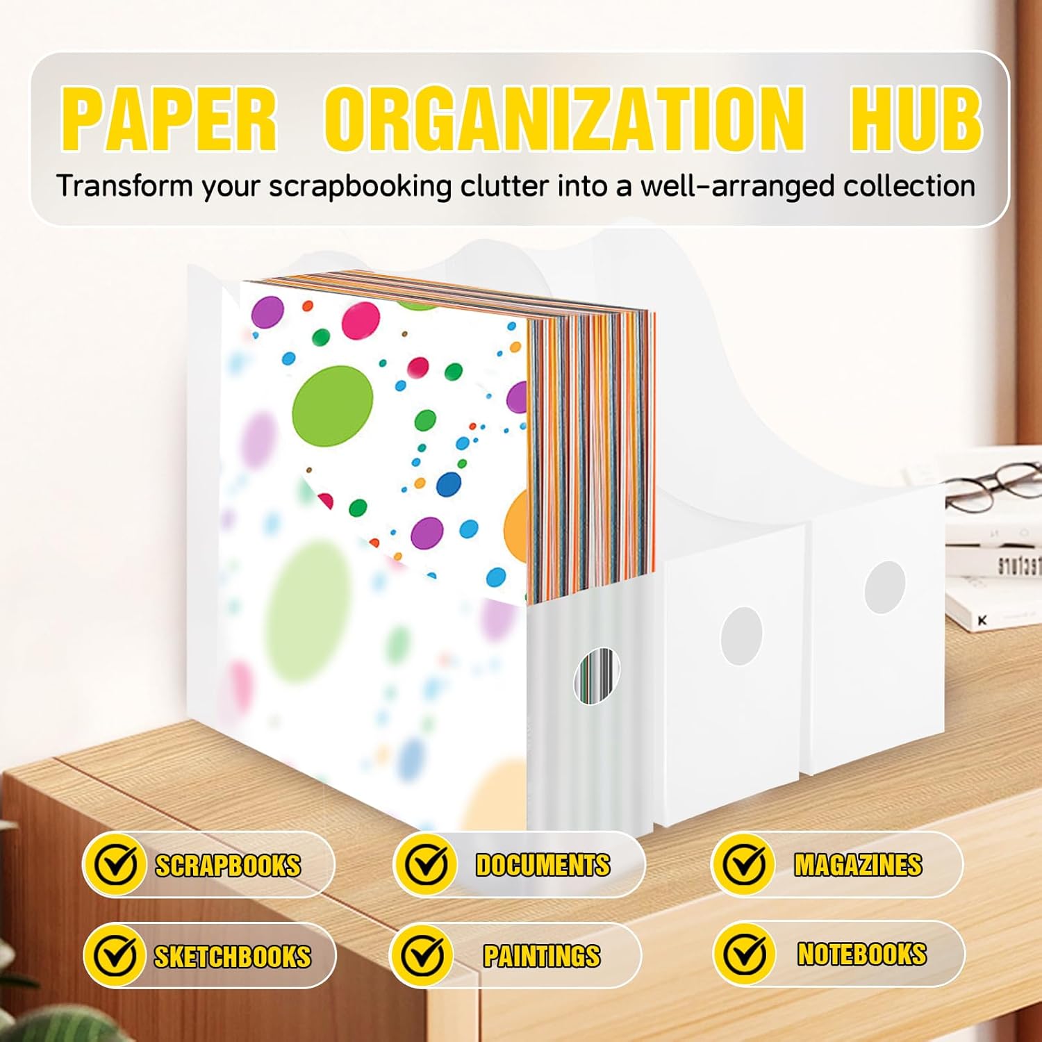 Rebehari 6 Pcs 12"x12" Paper Storage Organizer, Foldable Vertical Scrapbook Paper Organizer with 18 Pcs Sticky Index Tabs, 12"x12" Scrapbook Paper Storage Organizer