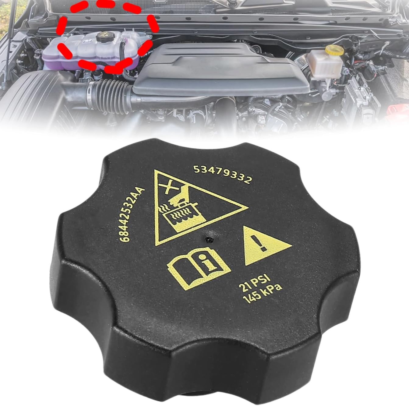 Car Coolant Bottle Reservoir Cap Fit for Chrysler Dodge Jeep Ram EcoDiesel - 2014-2021 Cherokee Ram 1500 | 2017-2021 Pacifica Compass | 2016-2021 Durango Grand Cherokee 68442532AA
