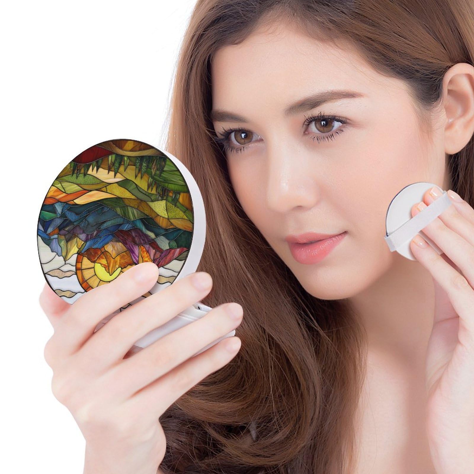 Hayyett Mountain Range Stained Glass Air Cushion Puff Box Portable Cosmetic Makeup Case Container,Loose Powder Foundation Container