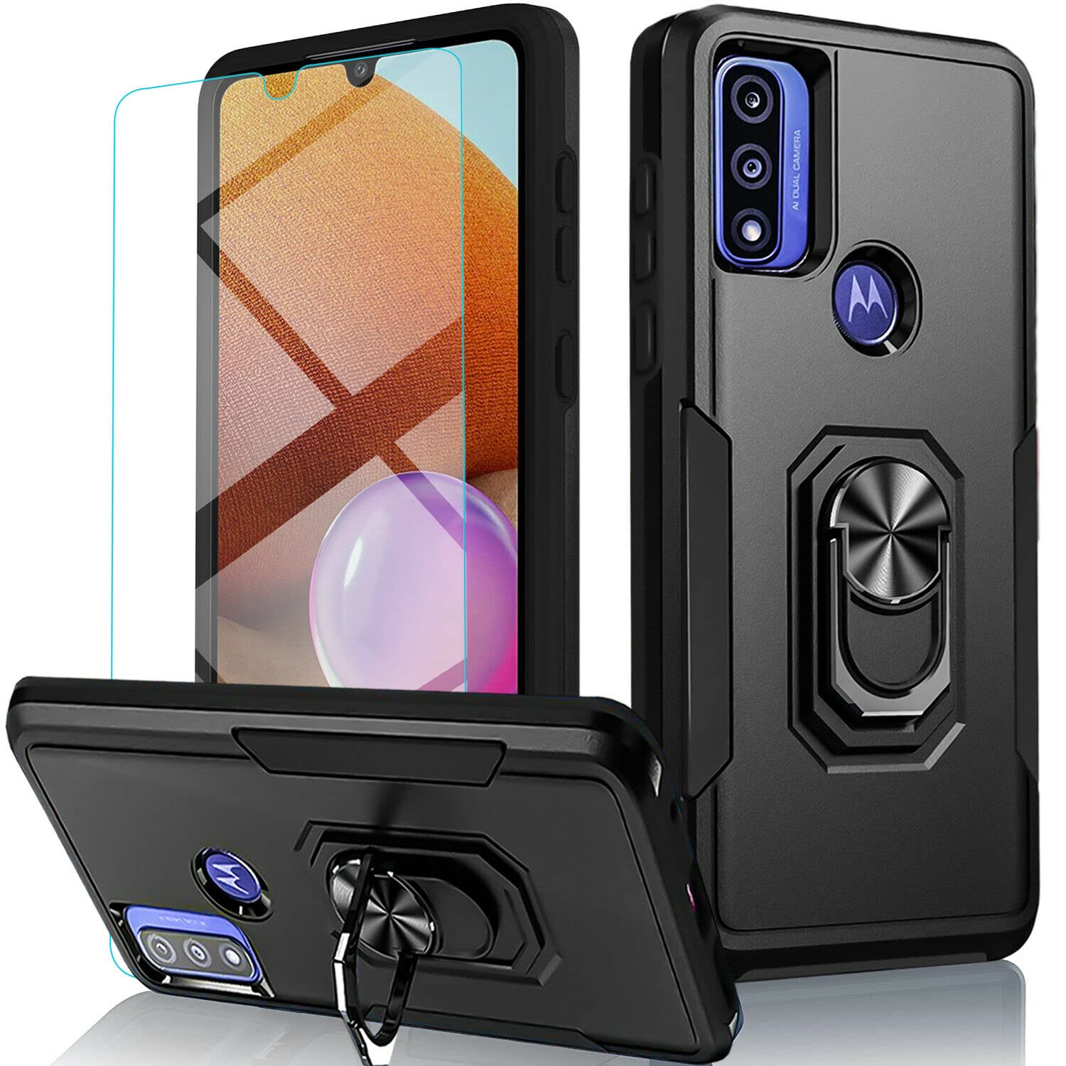 Circlemalls- Moto G Stylus 2022 Case, [Not Fit G Stylus 2020/2021] with [Tempered Glass Screen Protector], Military Grade 12 ft Drop Test Shockproof with Ring Holder Kickstand Phone Cover- Black