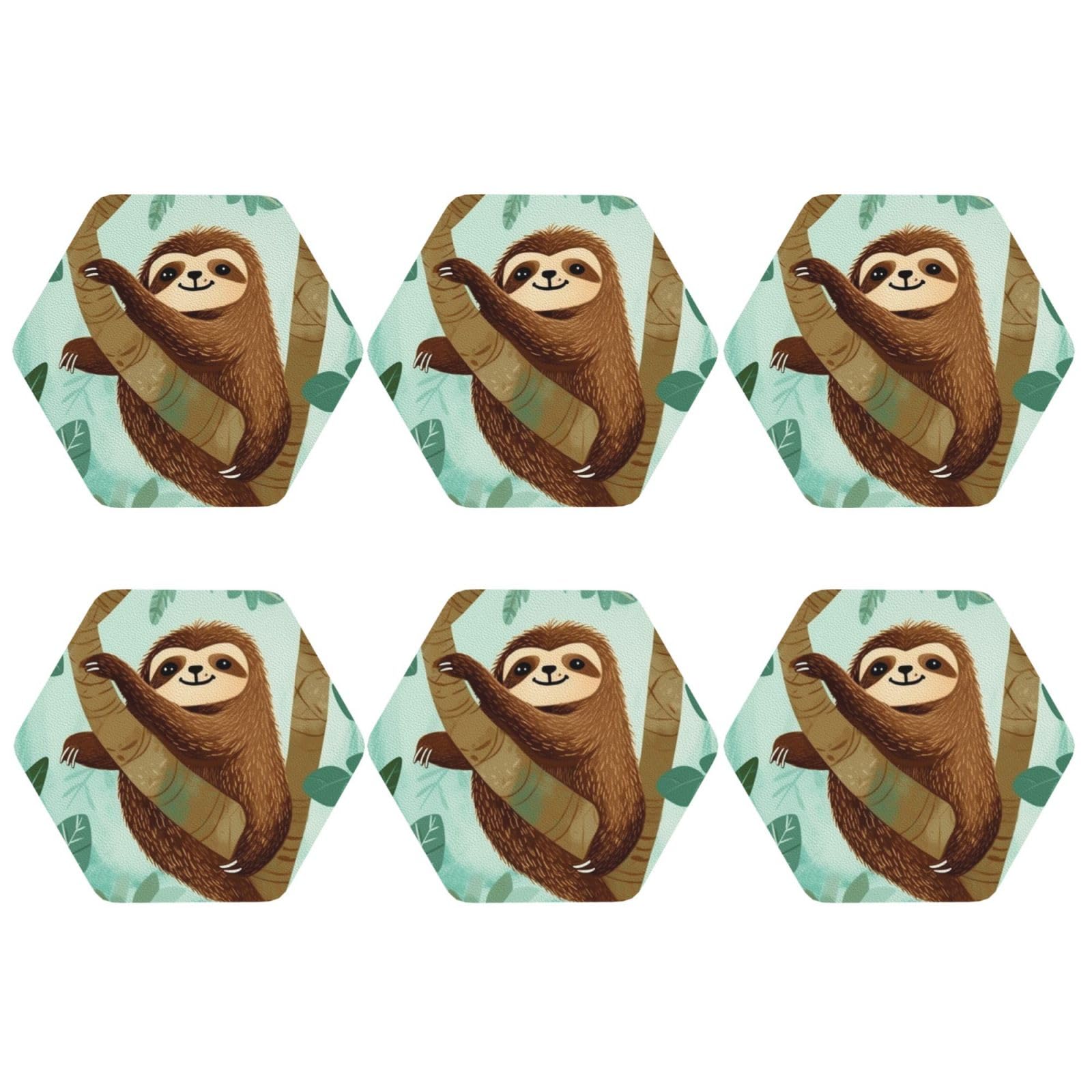 6pcs Leather Coasters for Drinks, Hug Tree Sloth Drink Coasters for Tabletop Protection, 4" Cup Coasters for Coffee Table Decor, Non-Slip Drinking Cup Mat for Hot Or Cold Drink