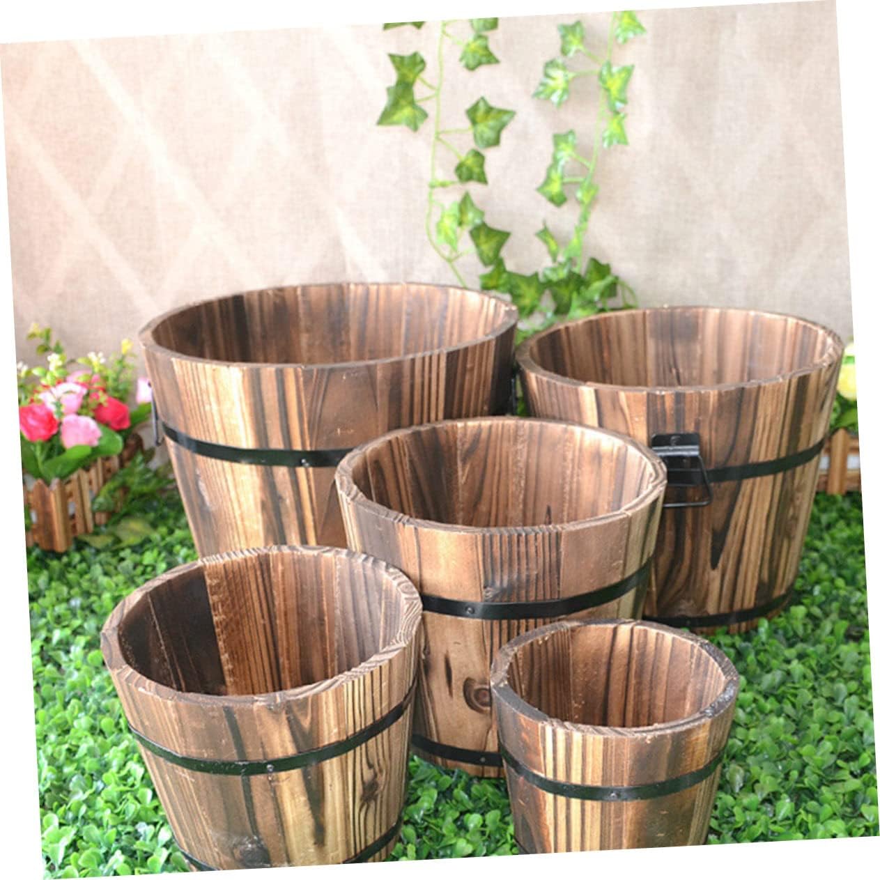 3Pcs Wooden Barrel Pot Rustic Succulent Planters for Decor Wooden Bucket Planters for Indoor and Outdoor Use
