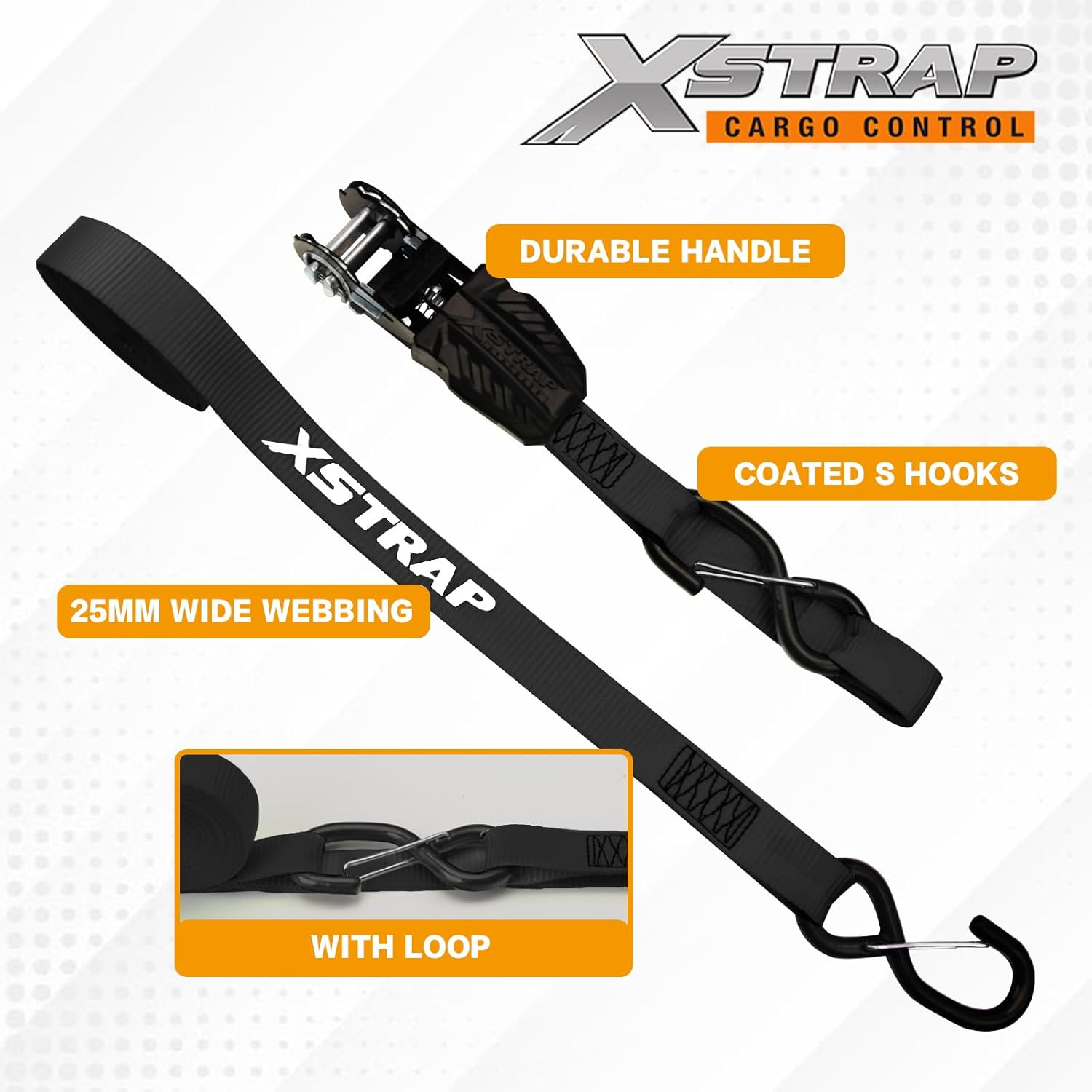 XSTRAP STANDARD Ratchet Tie Down Straps - 8PK - 1'' x 10 ft - 900 LB Break Strength Cargo Straps +4 Pk - 1'' x 15 Ft - 630 Lbs Load Cap Ratchet Tie Down Straps with Loops