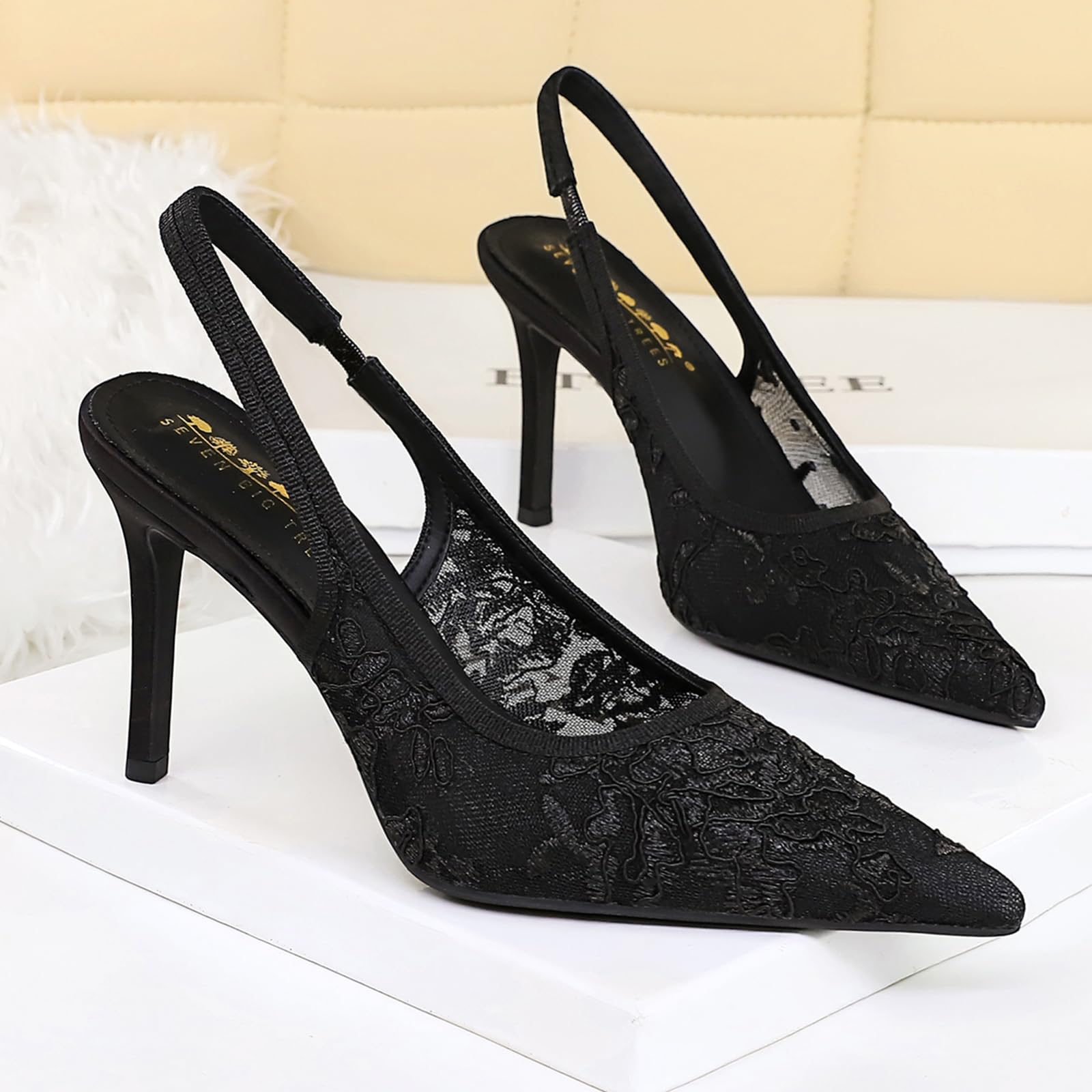 Szpilki Szpilki Slingback Koronka Szpiczasty Toe Mesh Eleganckie czółenka na wysokim obcasie dla gości weselnych i balu maturalnego slim fit oddychająca