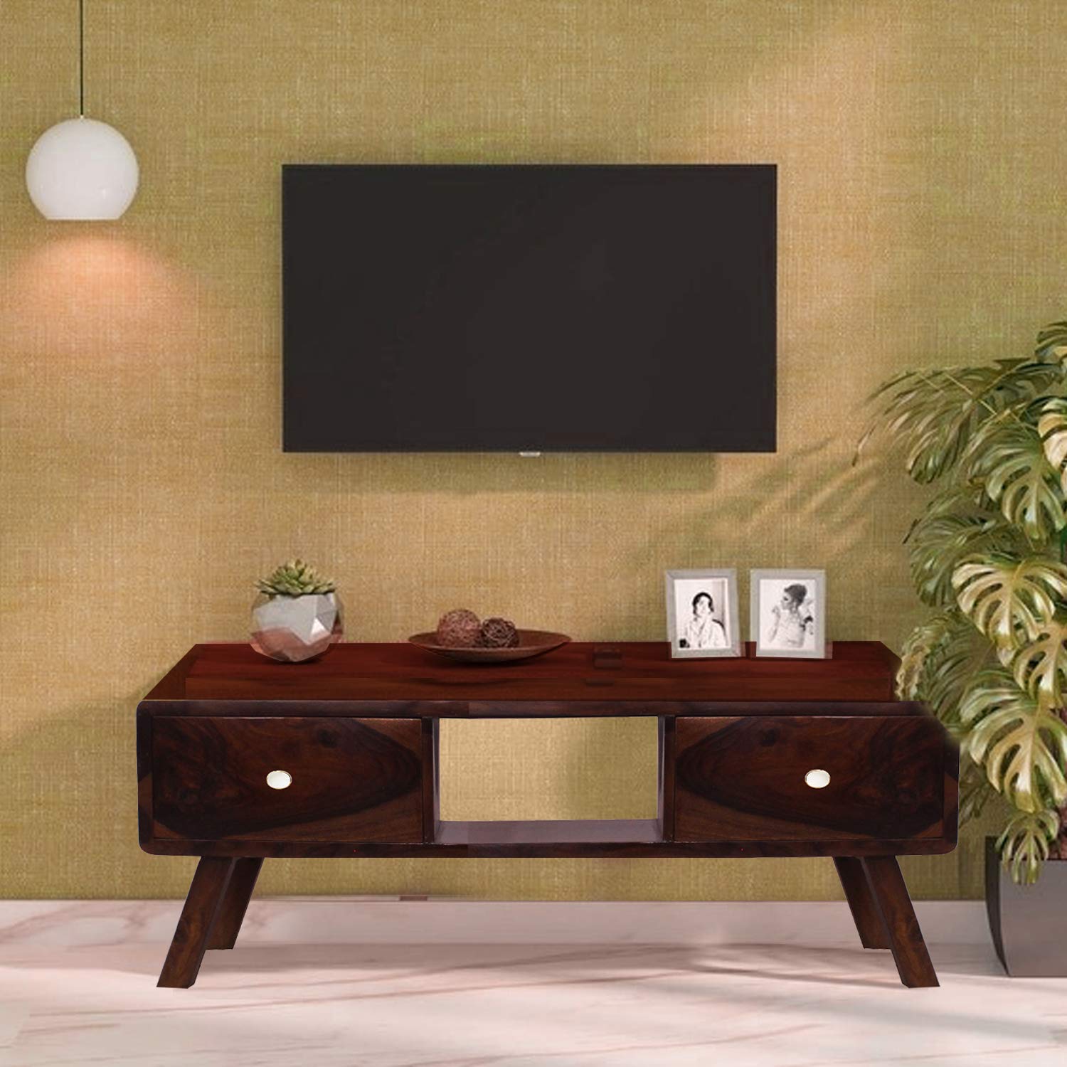 Sabhya Furnitures Spinney One Drawer & One Box Robotic T.V. Cabinet in Natural Solid Wood with Honey Oak Glossy Finished