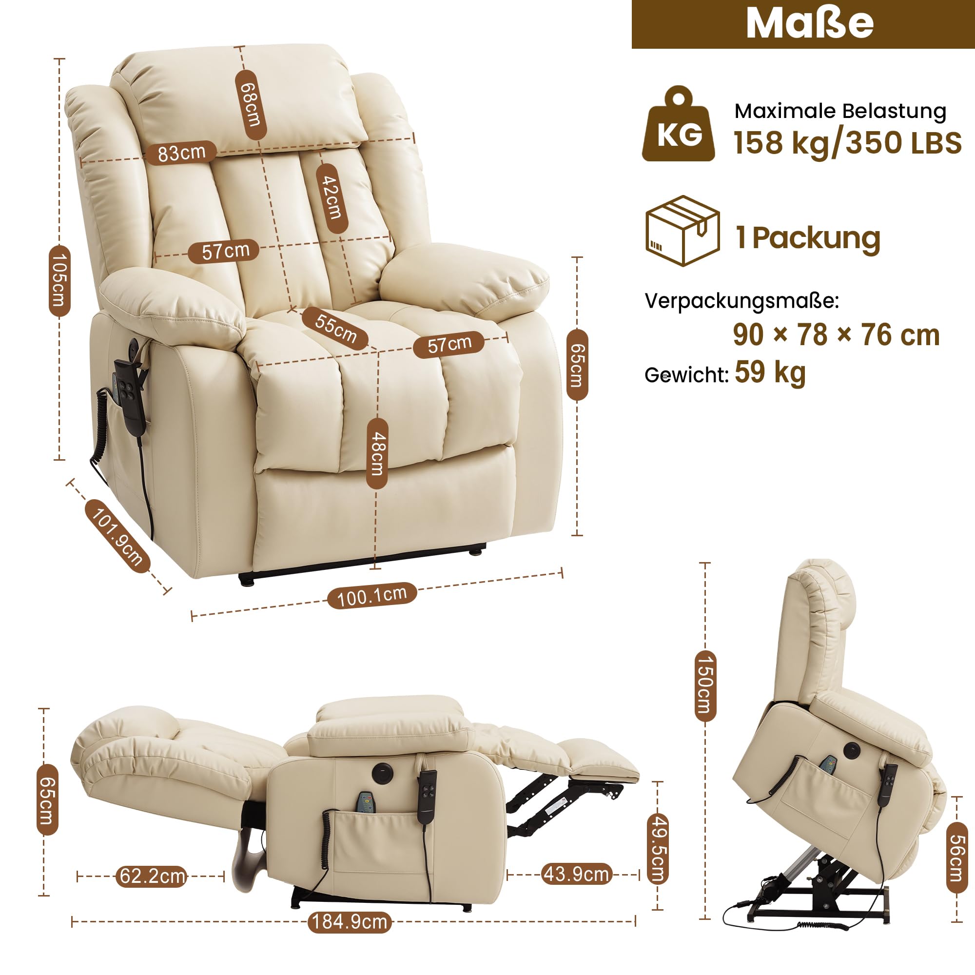 DUANDUAN Sillón Relax eléctrico con 2 Motores y Ajuste Continuo, función de reclinación de 180°, función de Cama, función de Masaje, Ayuda para levantarse, vibración y calefacción (Beige)