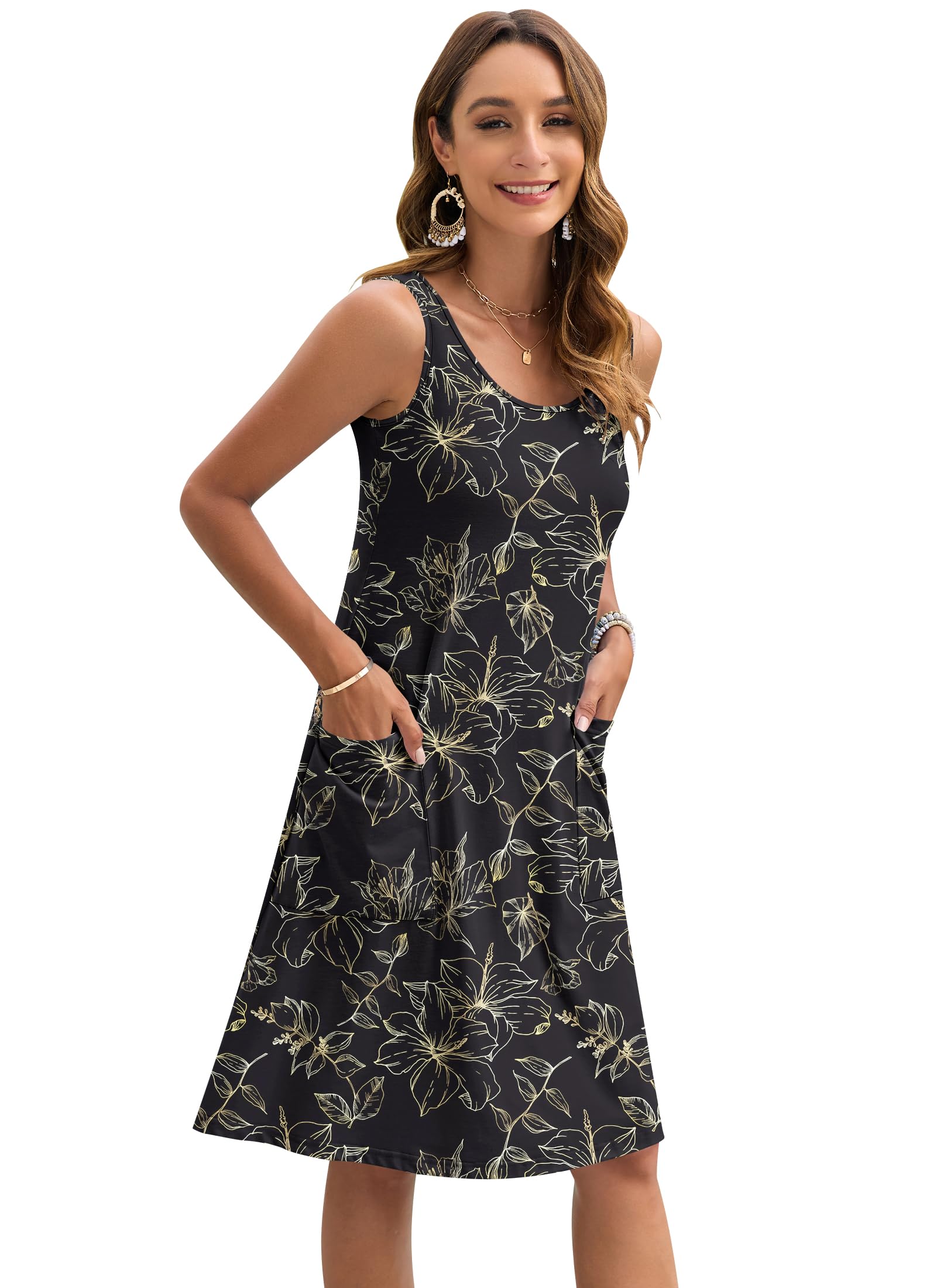 AUSELILY Vestito Estivo da Donna Senza Maniche Lunghezza al Ginocchio Casual da Spiaggia Leggero con Tasche