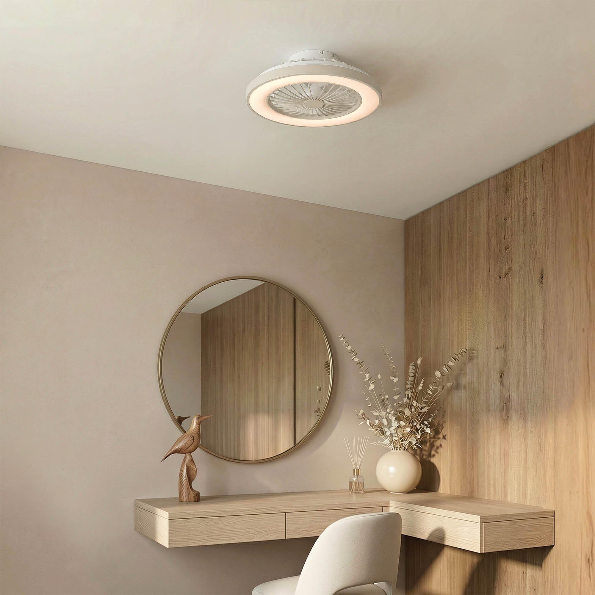 Ledvion - Ventilateur de Plafond avec Lumière, 49cm, Beige, 48W, 5200Lm, (2700k/4000K/6000K), 3 températures de couleur, 5 vitesses, Intensité variable, Télécommande, été-hiver, Ventilateur | Pour un mouvement d'air agréable dans le salon ou la chambre à
