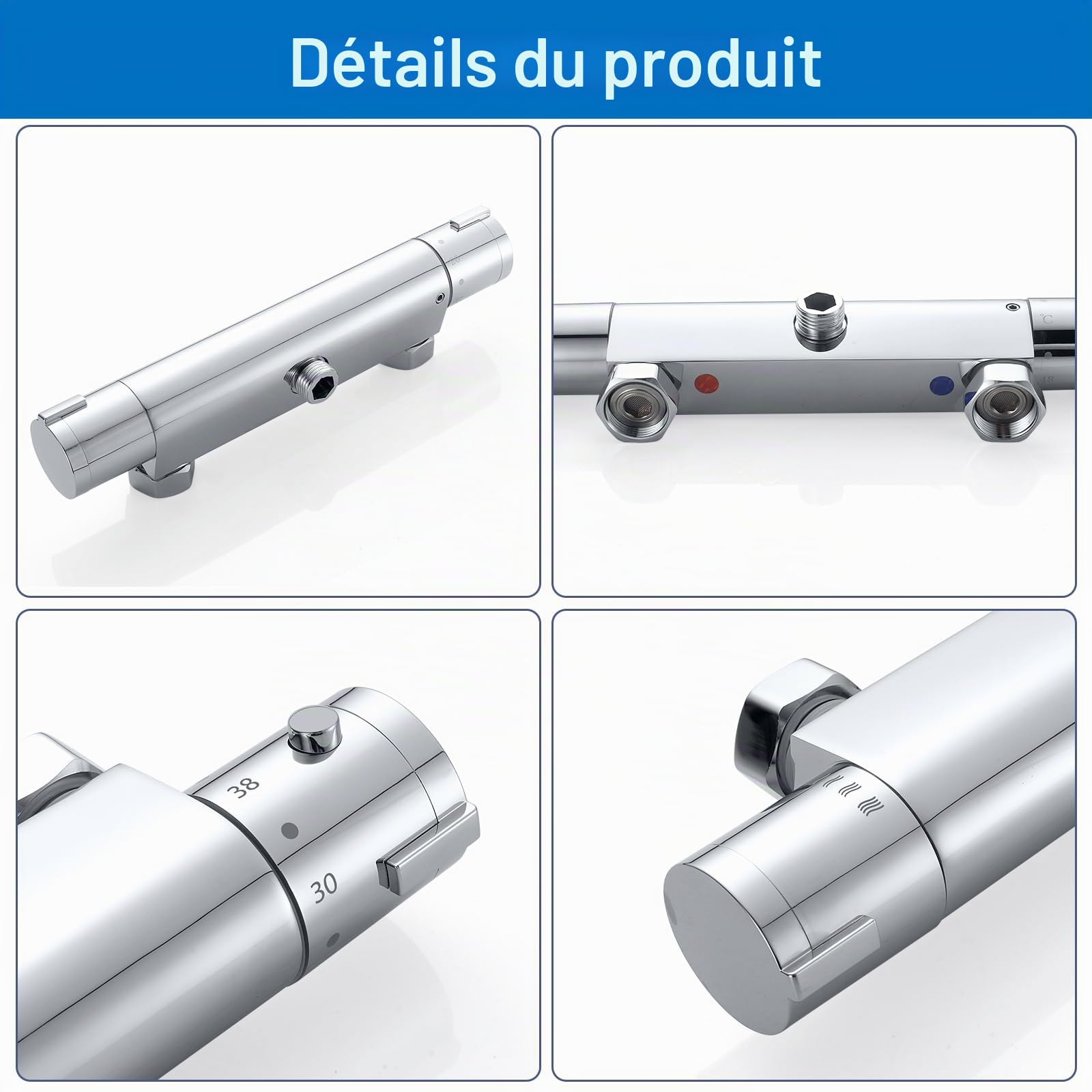 Mitigeur Thermostatique Douche, Murale Robinet Thermostatique de Douche avec Bouton Sécurisé à 38°C Anti-brûlure Mitigeur de Douche Thermostatique Entraxe 150mm - Chromé