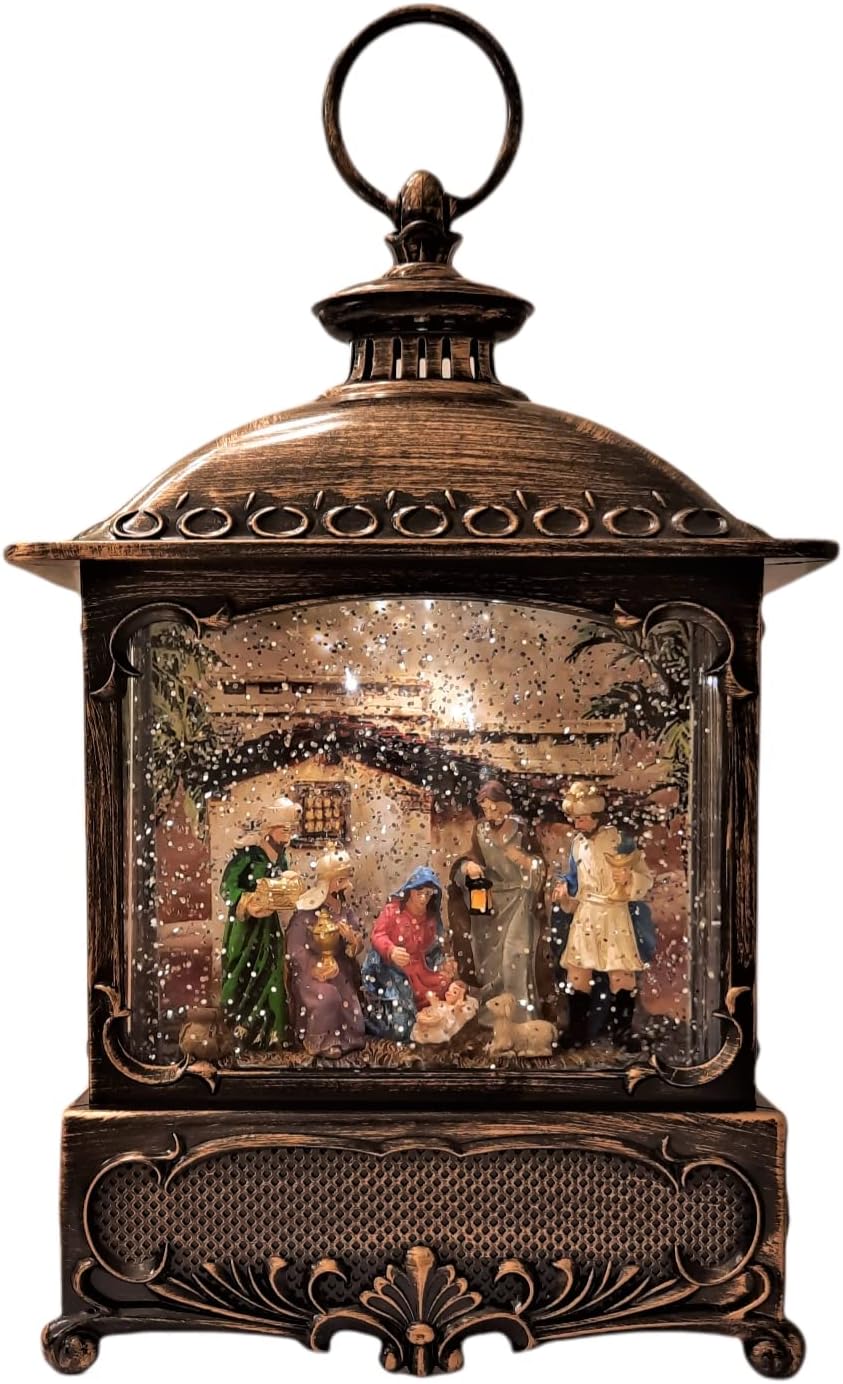 Gerson International 10.6 Inch Lighted Christmas Nativity Water Lantern Snow Globe with Continuous Swirling Glitter