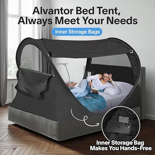 Miniatura 9 de Alvantor Tienda de campaña para cama de tamaño matrimonial, toldo de cama desplegable de fácil instalación, opaca y de malla transpirable, tienda de