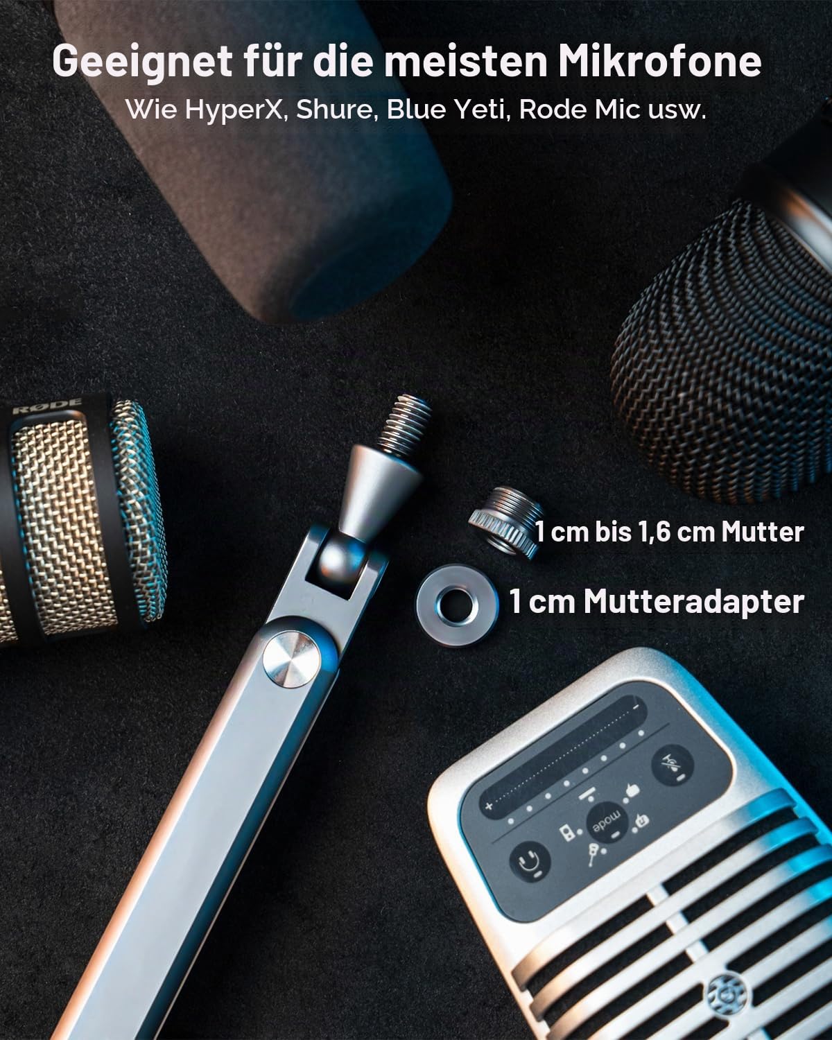 FULAIM Aluminium Mikrofon Arm kompatibel mit RODE Mikrofon, Einstellbarer Mikrofonständer für Shure Mic, Mikrofonarm mit 3/8"- 5/8" Adapter für Game Streaming Podcast Broadcast (Grau)