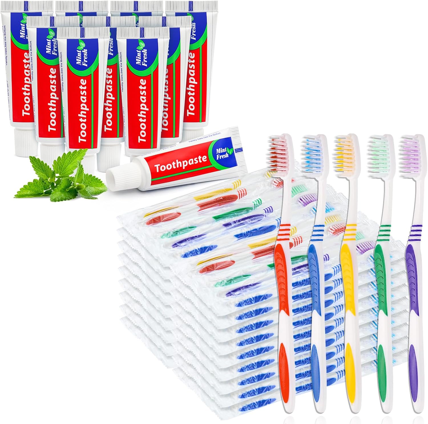 100 pcs Bulk Toothbrushes Individually Wrapped, Colorful Manual Disposable Toothbrush Bundle with 100 Tubes Bulk Toothpaste, Travel Size, Peppermint Mini Extra Small 0.88oz/25g(5 Colors)
