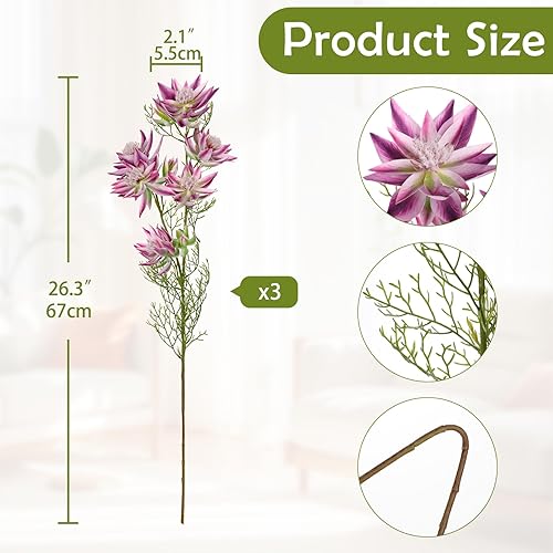Miniatura 2 de Hollyone 3 piezas de flores artificiales moradas de seda de 26.3 pulgadas, flores falsas de protea con tallo largo, ramas de arreglo de flores