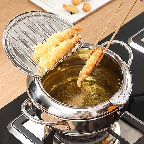Miniatura 10 de Olla de acero inoxidable para freidora, sartén japonesa de tempura de 2.2 litros con termómetro, tapa y estante de goteo de aceite para pollo frito,