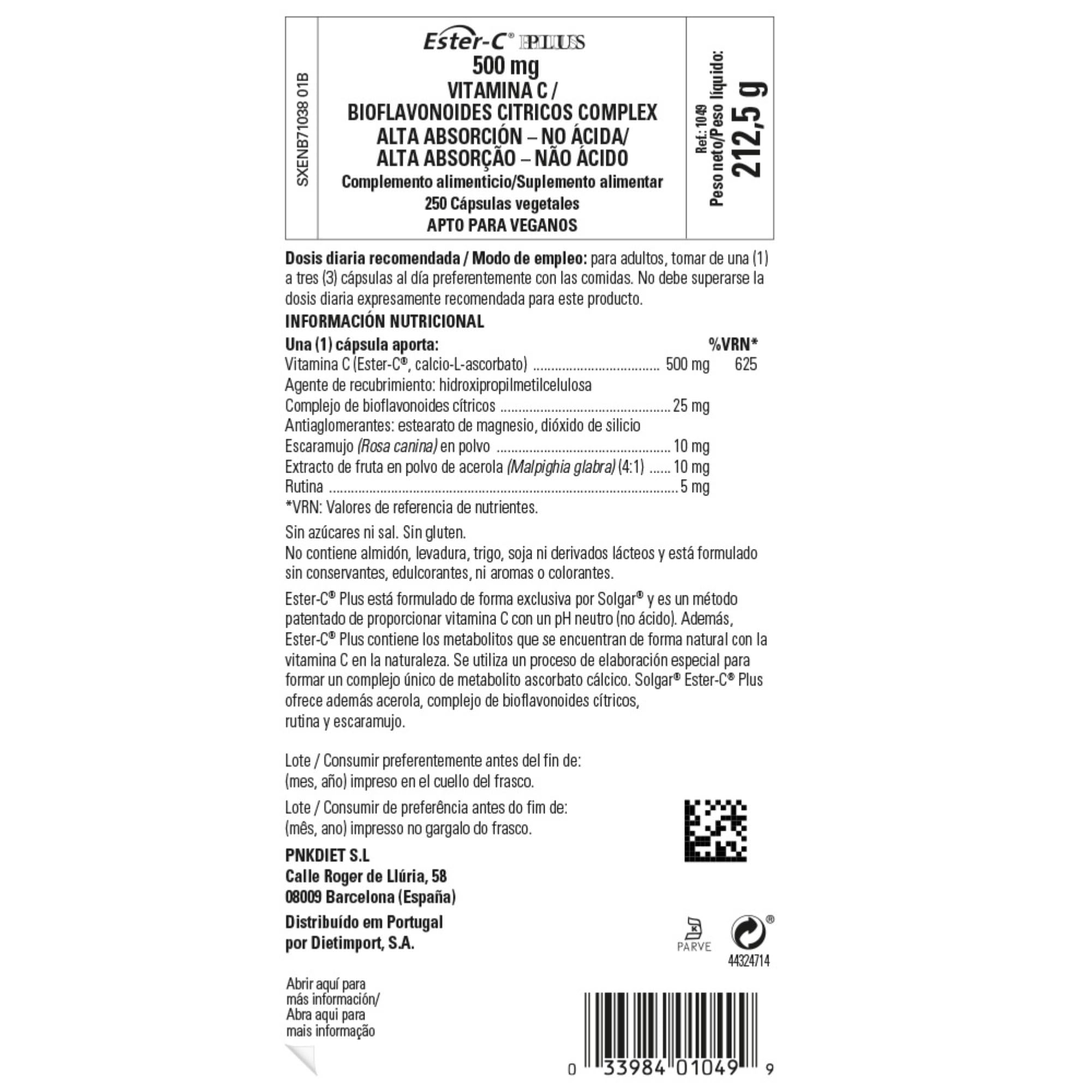 Solgar | Ester-C Plus Vitamina C 500 mg | Alta Absorción | No Ácida | 250 Comprimidos