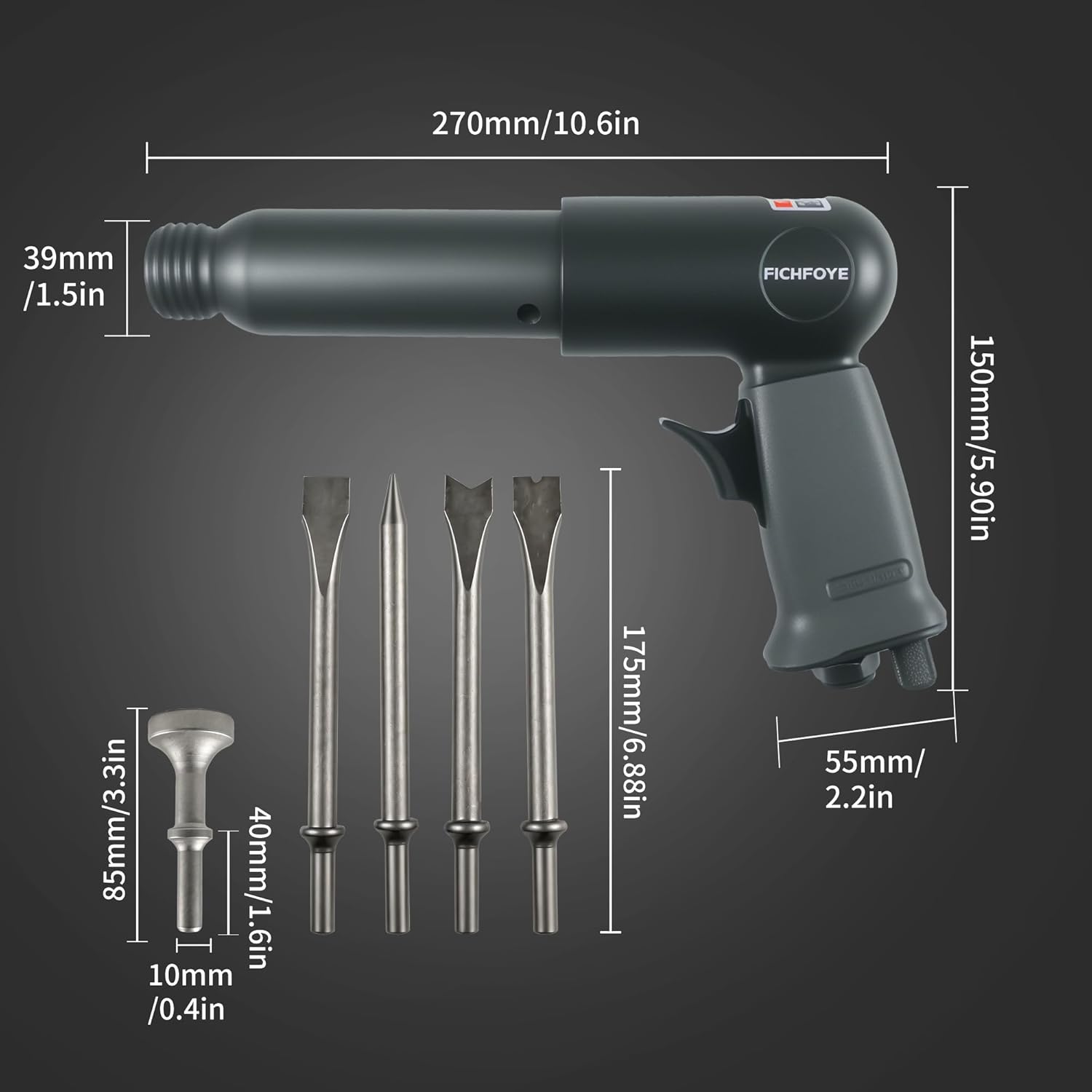 Heavy-Duty Pneumatic Air Hammer - 2500 BPM High Speed with 3.54" Stroke, Self-Locking Quick-Change Chisel System & 5-Piece Alloy Steel Chisel Set for Metal Demolition and Auto Repair