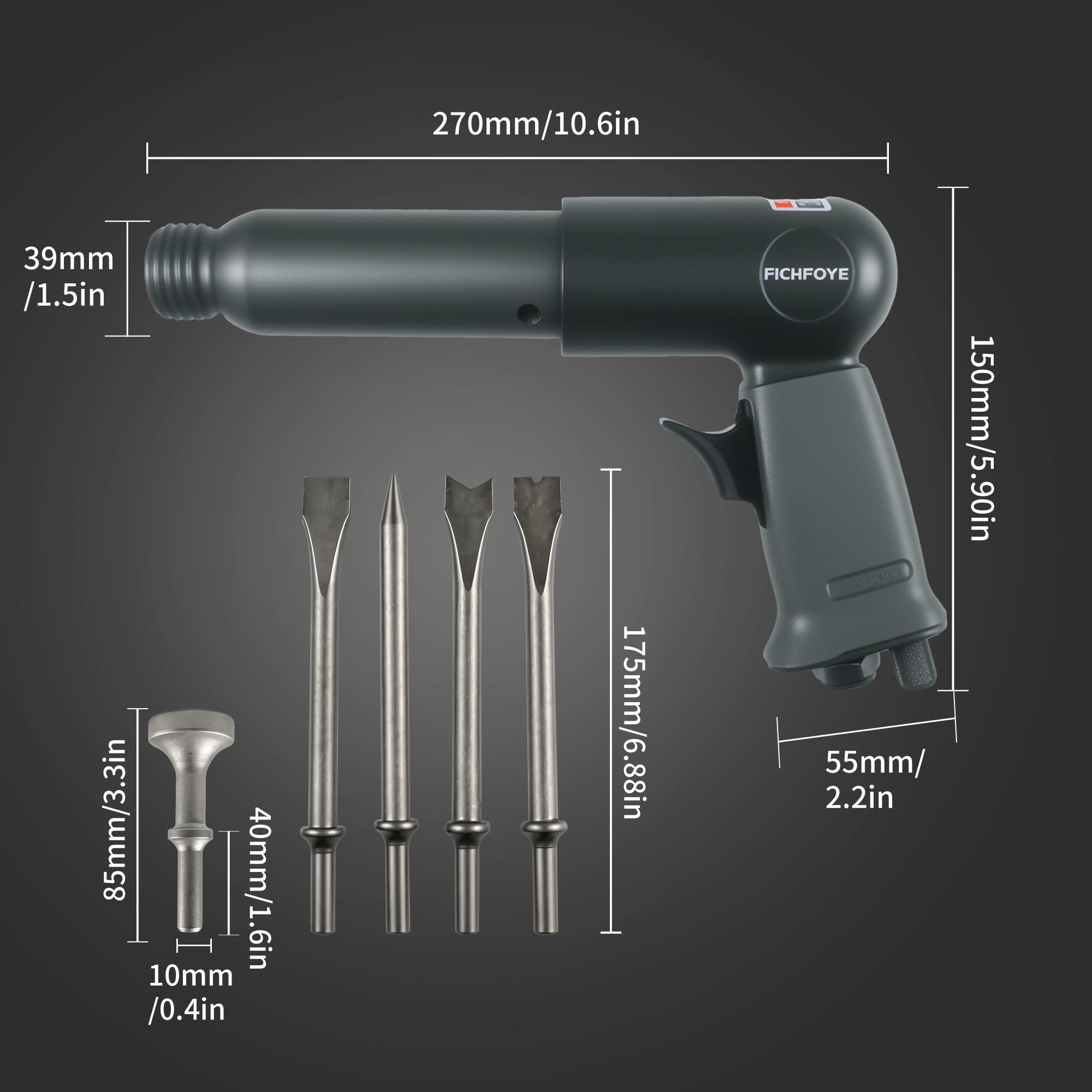 Martillo neumático de alta resistencia – 2500 BPM de alta velocidad con carrera de 3.54 pulgadas, sistema de cincel de cambio rápido de autobloqueo y juego de cinceles de acero de aleación de
