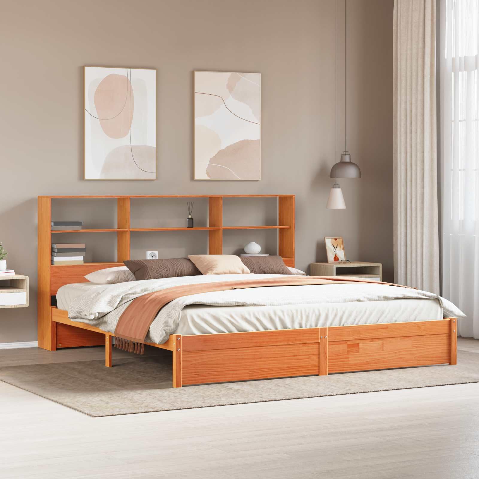 Lit en pin massif 180x200 cm avec tête de rangement marron ciré et sommier à lattes robuste