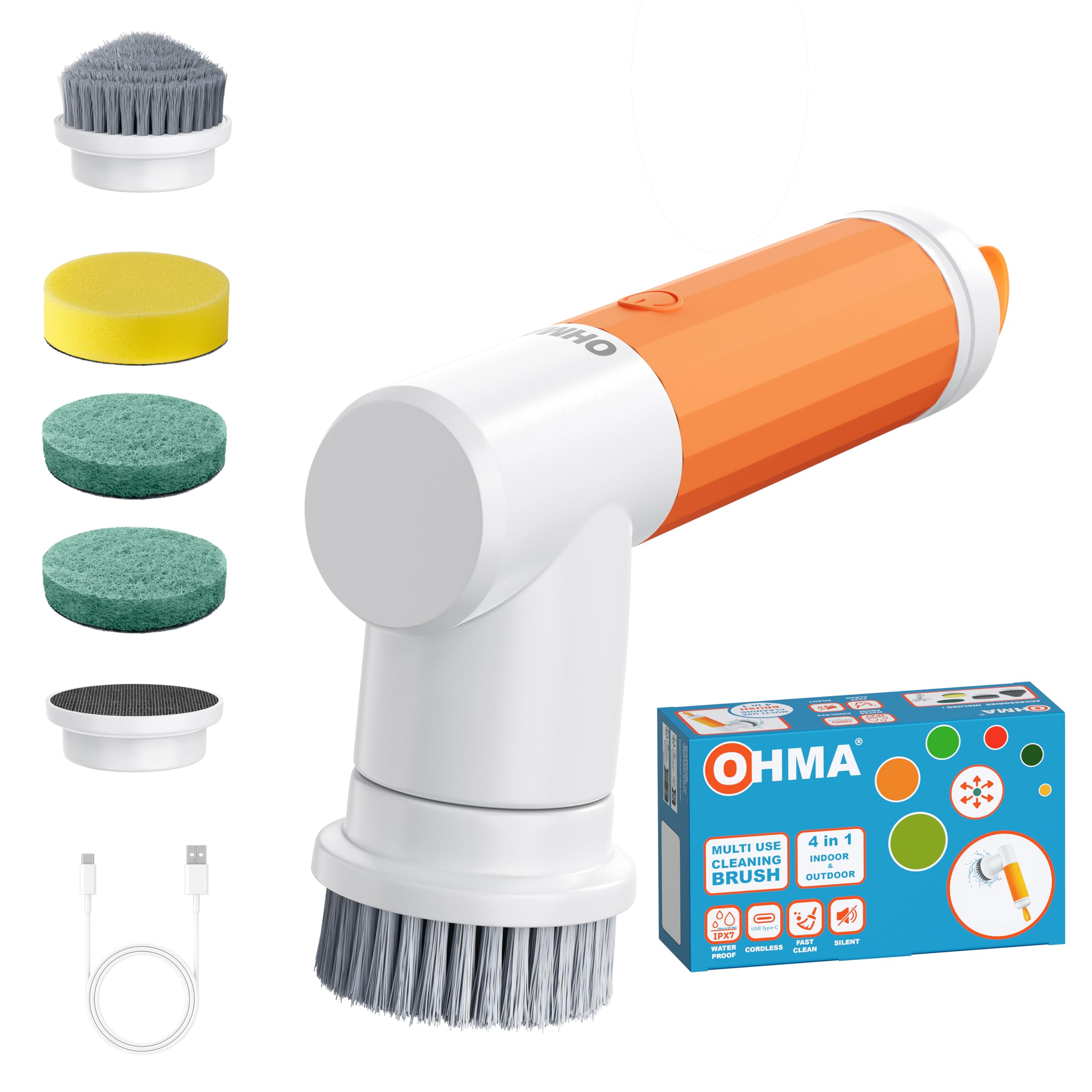 OHMA Brosse de Nettoyage Électrique Rotative – 4 Têtes – Jusqu'à 2h30 d'autonomie - Joints, Carrelage, Douche, Salle de Bain et Cuisine – Étanche IPX7 – USB-C – Garantie 3 Ans
