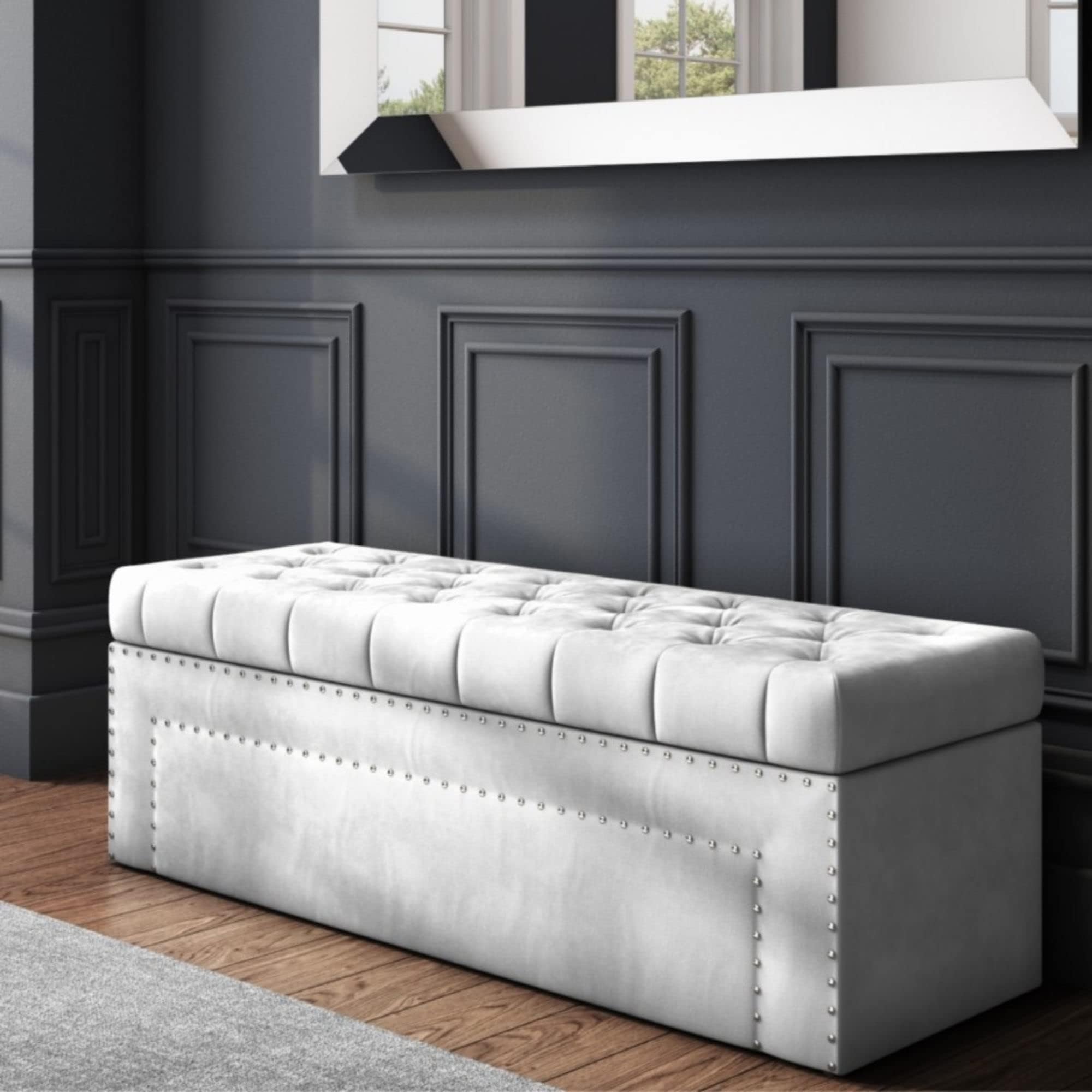 Duke Chesterfield Ottoman storage Box - Plush Velvet Storage Ottoman with Decorative Tacks- Ottoman Shoe Bench with Storage - Upholstered Coffee Table- End of bed Storage Bench, Blanket Box