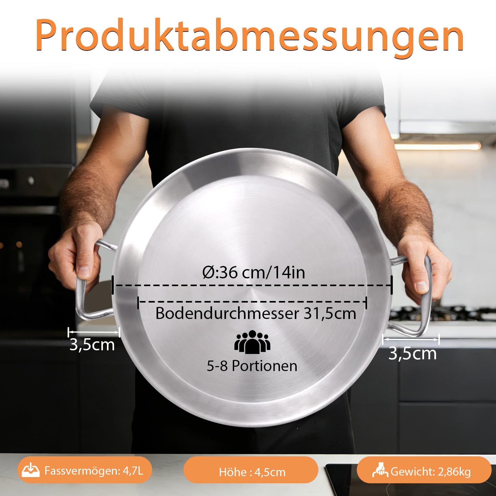 LOLYKITCH Paellapfanne 36 cm mit Glasdeckel Edelstahl unbeschichtet