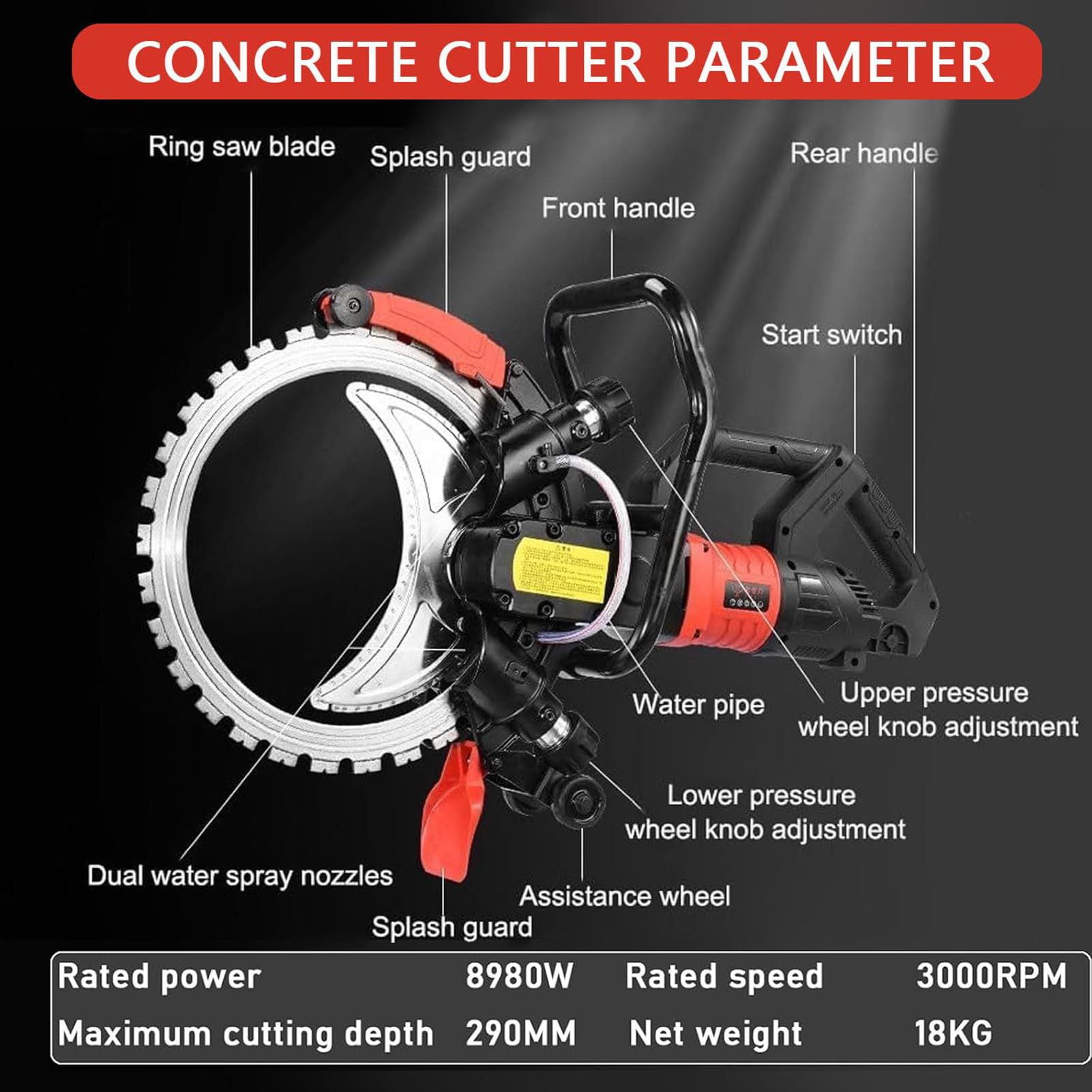 Sierra Toroidal para Hormigón, Máquina Cortadora Eléctrica sin Escobillas para Ranurar Paredes, Herramienta Ranuradora, Profundidad de Corte de 11,4", para Ranurar Ladrillos, 8980/9500 W