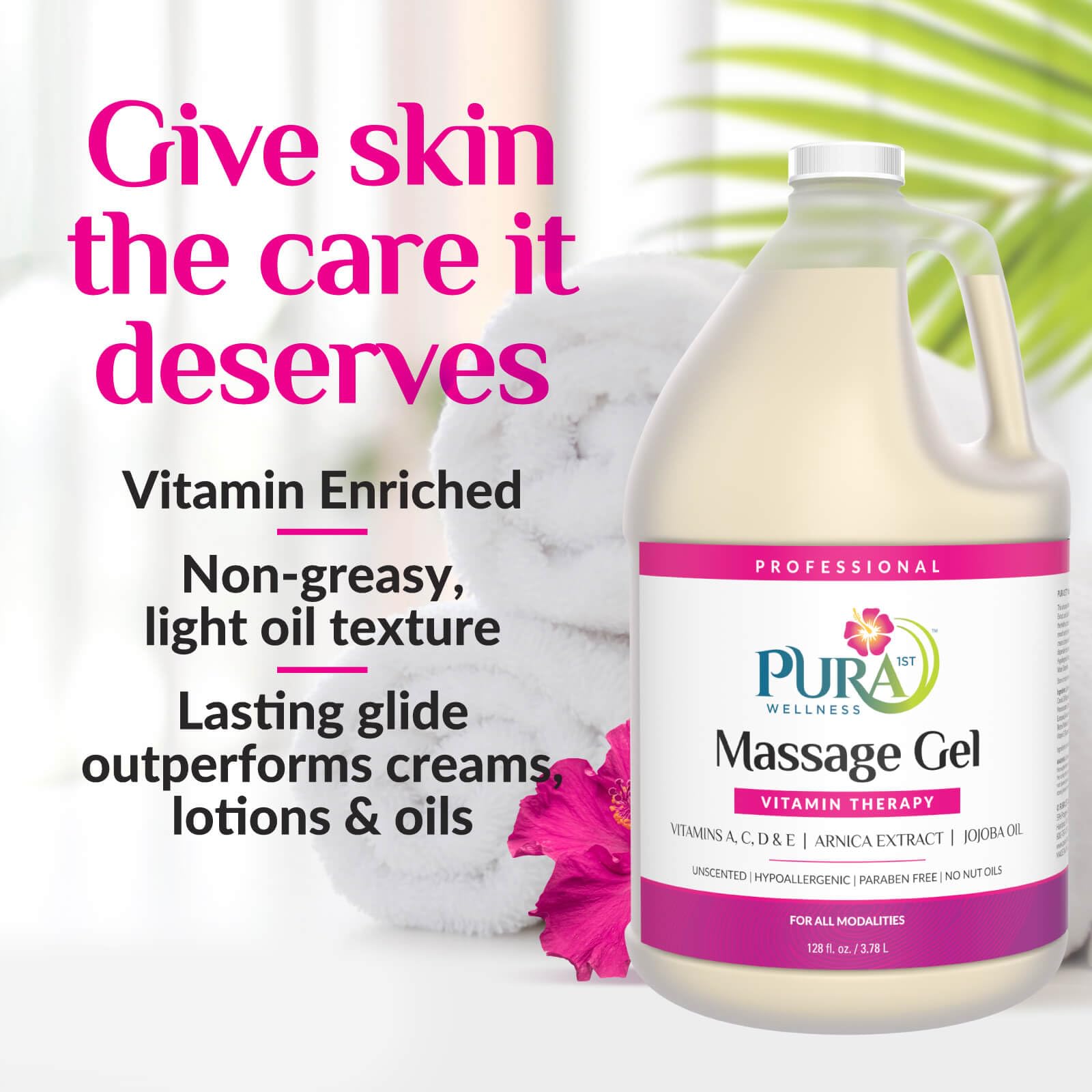 PURA 1ST Professional Vitamin Therapy Massage Gel, Arnica & Jojoba Extract, Unscented, Hypoallergenic, Natural, Skin Moisturizing and Hydrating, Deep Tissue, Wellness, Physical Therapy, 128 Oz Bottle