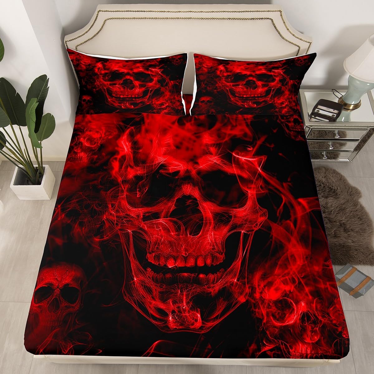 Feelyou Sugar Skull Fitted Sheet Full Size Gothic Skull Bedding Set for Kids Teens Adults Halloween Themed Bed Sheet Set Smokey Red Black Bed Cover Room Decor 3Pcs with 2 Pillow Case