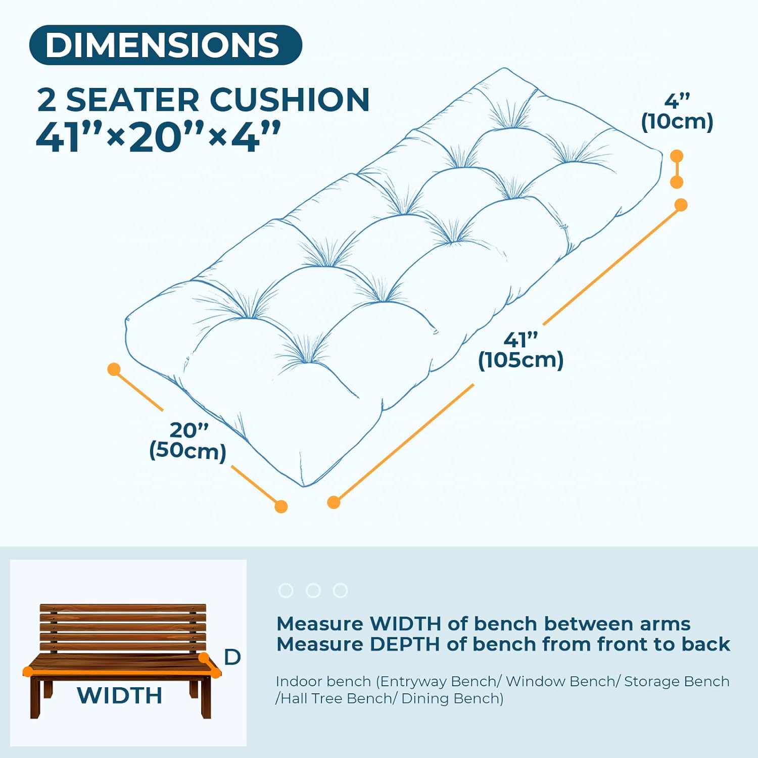 Outdoor Bench Cushion, Waterproof Bench Cushion for Indoor/Outdoor Furniture, Tufted Patio Bench Cushion with Ties, Fade Resistant Bench Cushions for Window Seat, Swing Couch, 41x20 inches, Blue Leaf