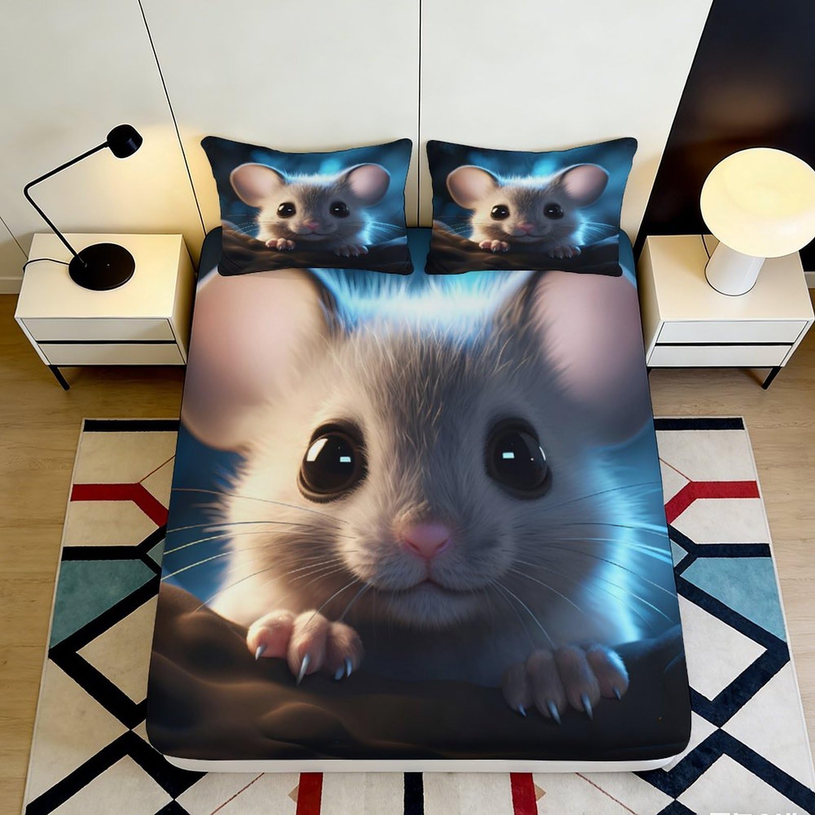 3D Printed Cute Mouse Fitted Sheet Microfiber Soft Breathable Cartoon Animal Bed Cover for Bedroom Dorm Decor 90x200x25cm