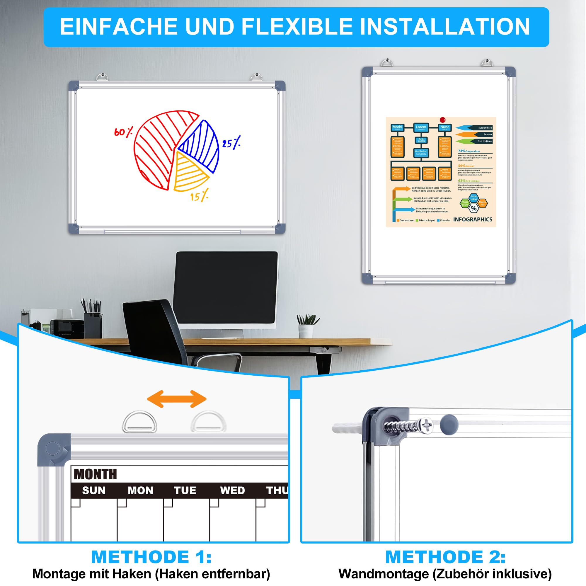 Monatsplaner Whiteboard Magnetisch, Doppelseitige Magnet Pinnwand