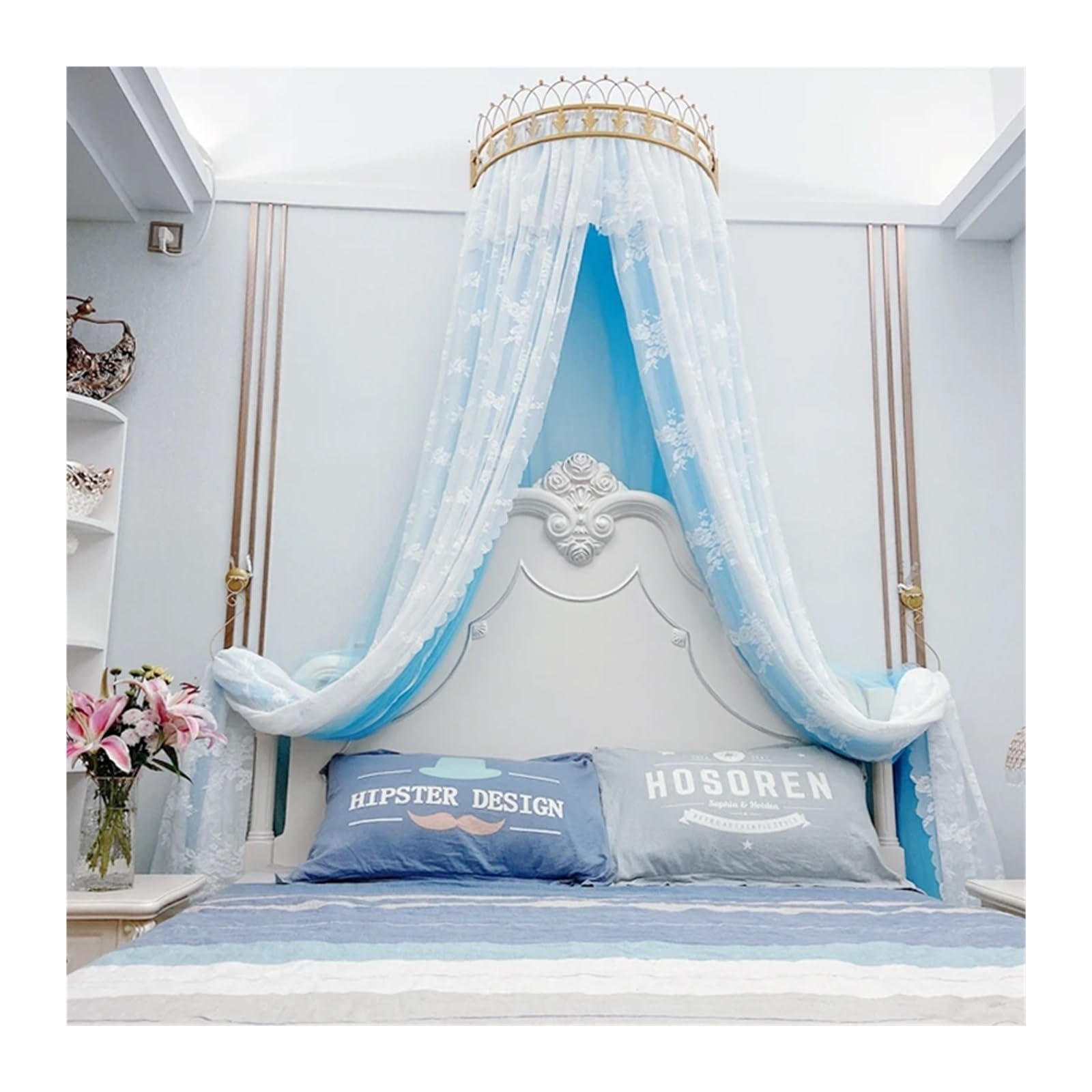 KiddiBubzi Princess Bed Canopy Bed Curtain Girl Children Room Decor Bedside Yarn Net Romantic Princess Tents Bed Canopy Valance(Crown blue curtain,2.0m (6.6 feet) bed)