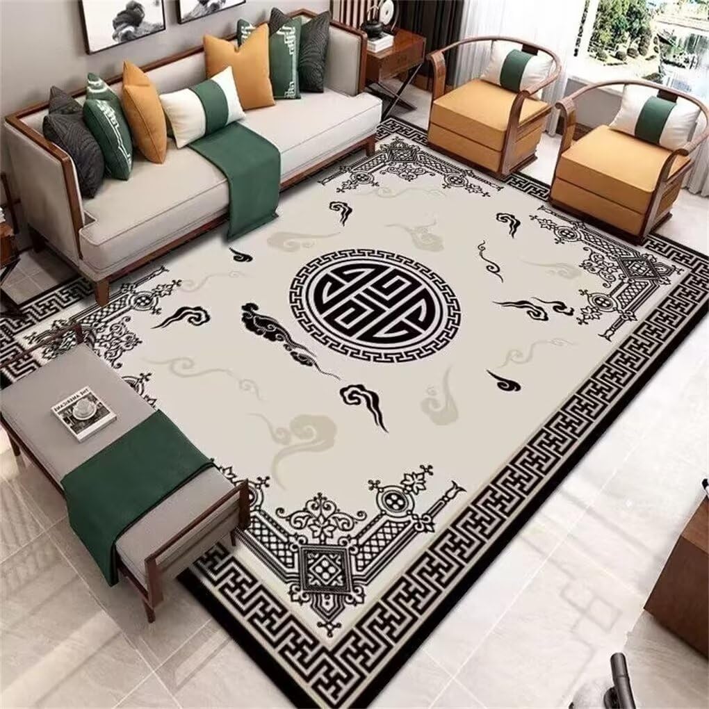 Tapis de salon lavable 200x200 noir grand tapis couloir long imprimé oriental anti-taches